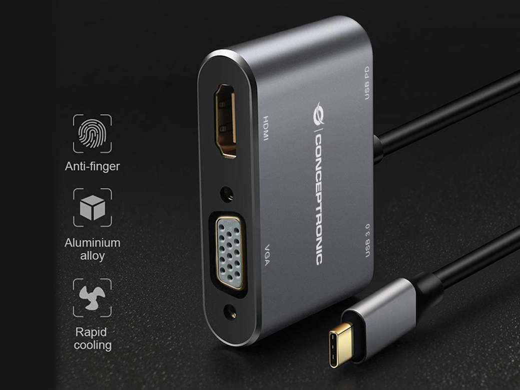 Conceptronic DONN16G 4-in-1 USB 3.2 Gen 1 Dockingstation, HDMI, VGA, USB-A 3.0, 100W USB PD, Kabelge