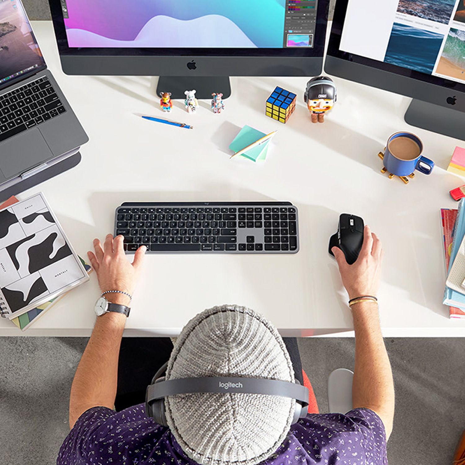 Logitech MX Keys f/ Mac, Volle Größe (100%), Kabellos, RF Wireless + Bluetooth, QWERTY, Grau