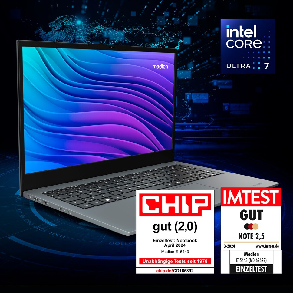 Medion E15443, Intel Core Ultra 7, 39,6 cm (15.6"), 1920 x 1080 Pixel, 16 GB, 1 TB, Windows 11 Home