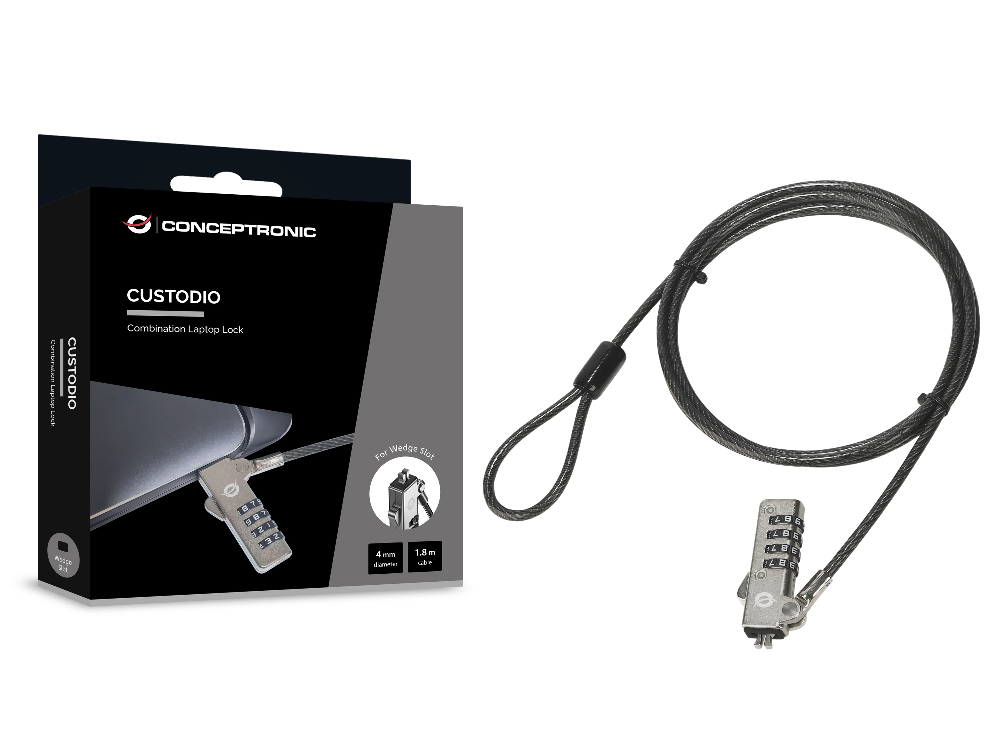 Conceptronic CUSTODIO01BW Laptop-Kombinationsschloss, Wedge-Slot, 1,8 m, 1,8 m, Keil, Zahlenschloss,