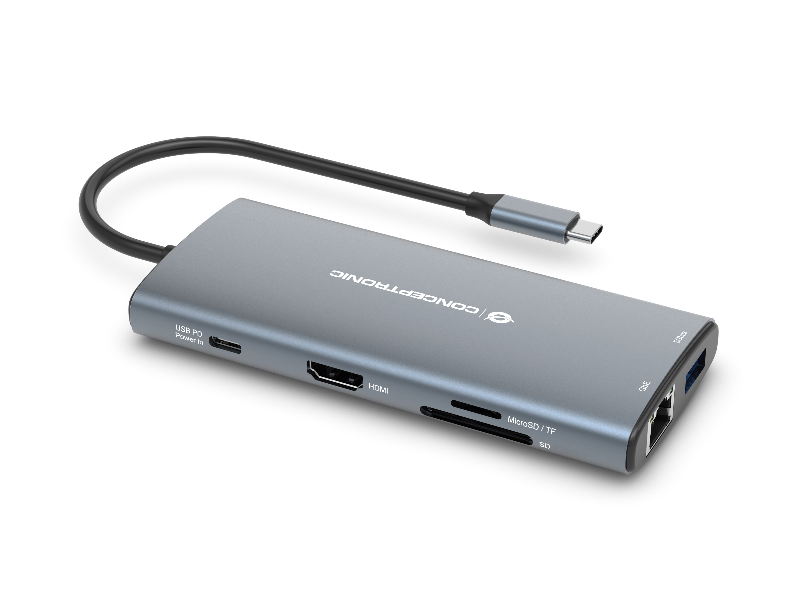 Conceptronic DONN06G 10-in-1 USB 3.2 Gen 1 Dockingstation, HDMI, 100W USB PD, USB-C 5Gbps x 2, USB-A