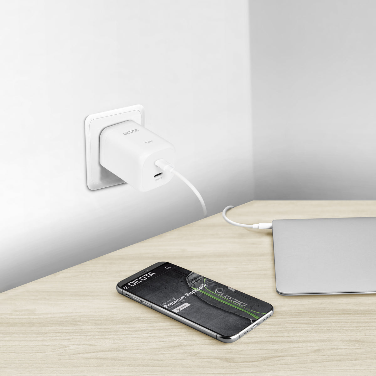 Dicota Netzteil - GaN - 100 watt - 5 A - PD 3.0 - 2 Ausgabeanschlussstellen (USB-C)