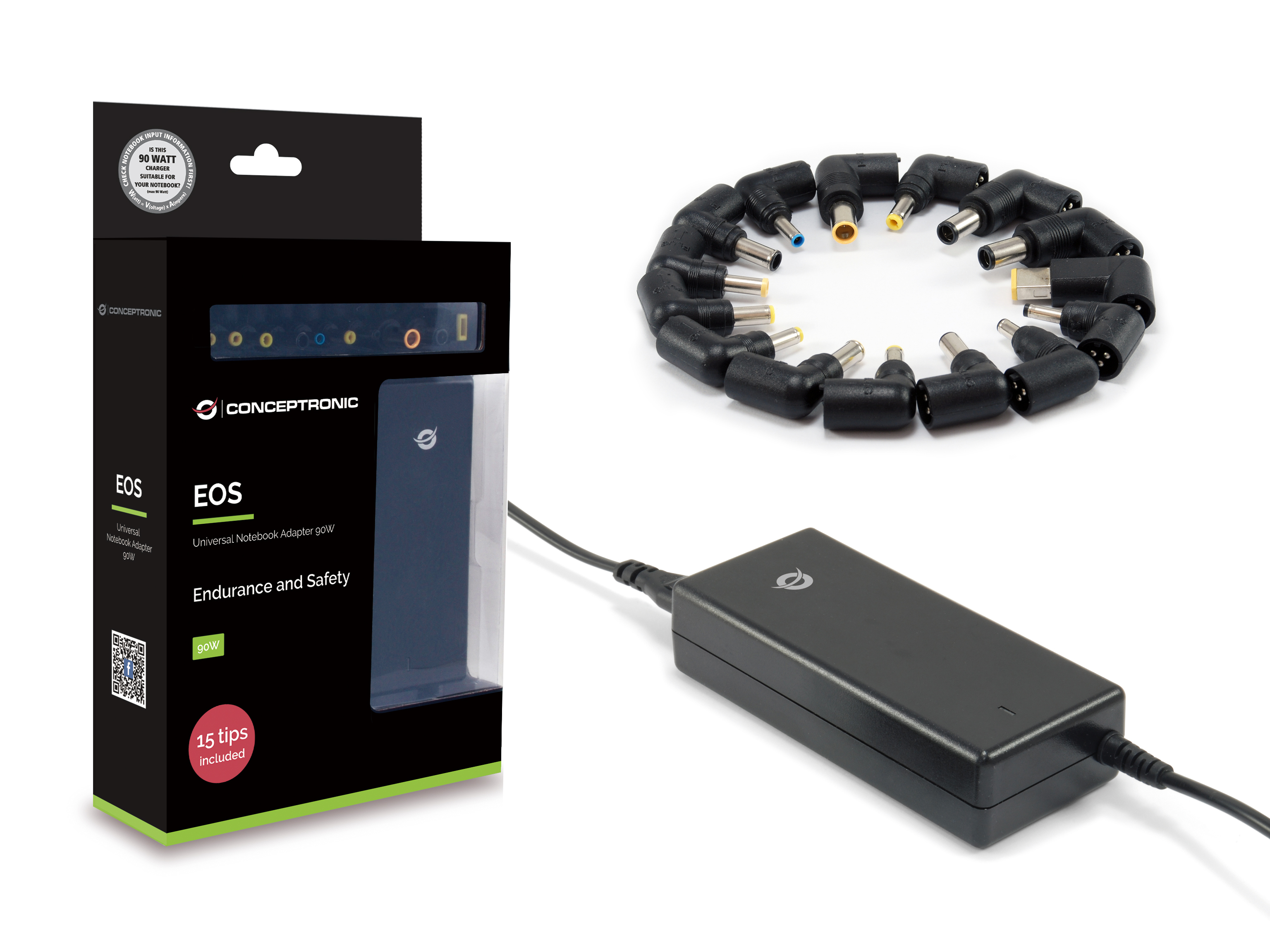 Conceptronic Notebook-Universalnetzteil, 90 W, Beinhaltet 15 Spitzen, Notebook, Indoor, 90 W, 12 - 2