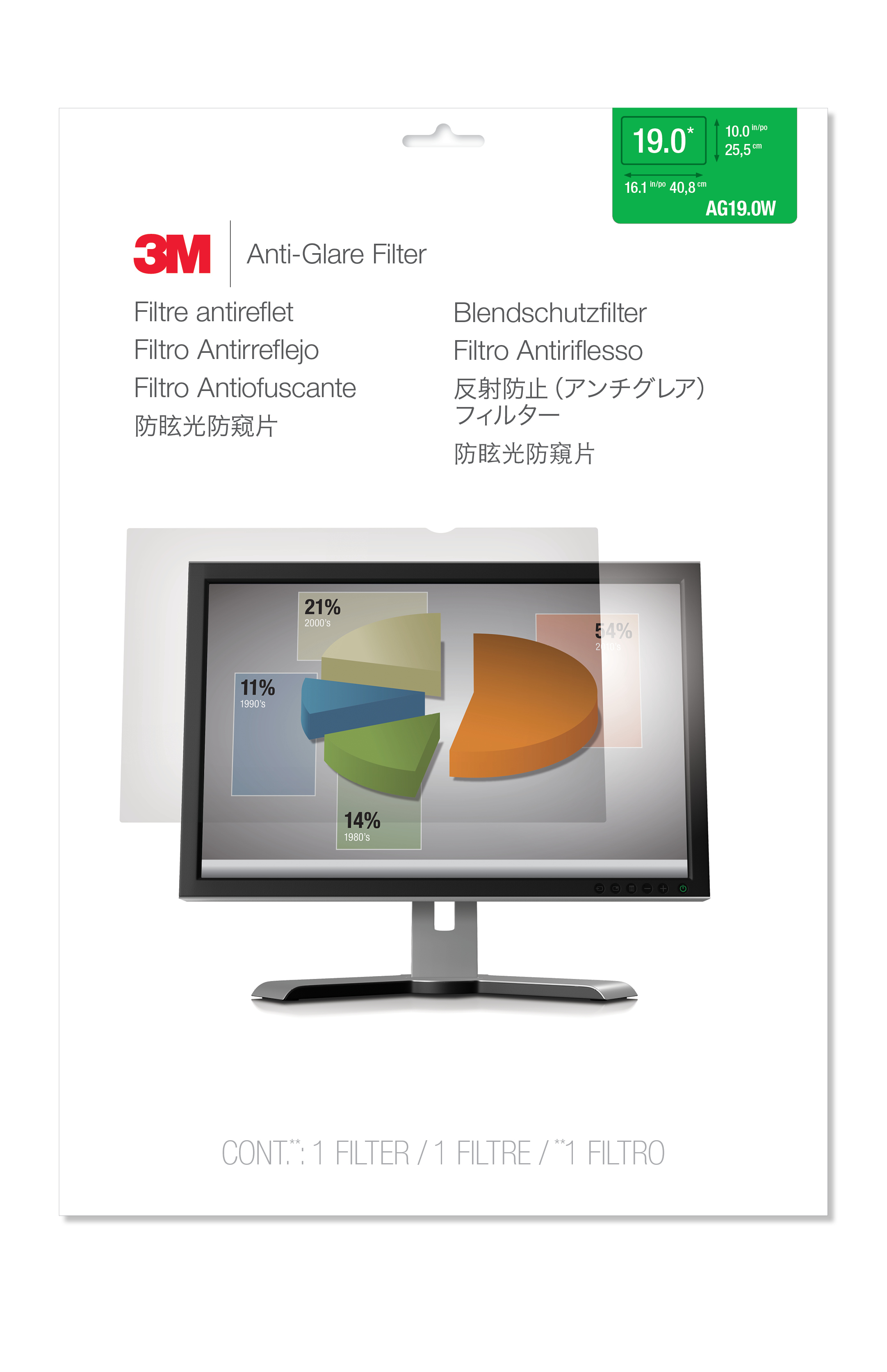 3M Blendschutzfilter für 19in Monitor, 16:10, AG190W1B, Transparent, 48,3 cm (19"), Kratzfest, Klebe