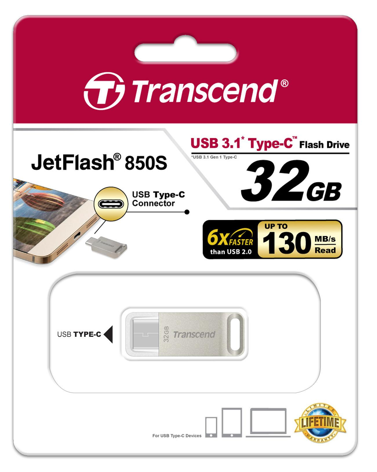 Transcend JetFlash 850, 32 GB, USB Typ-C, 3.2 Gen 1 (3.1 Gen 1), Kappe, 5 g, Gold