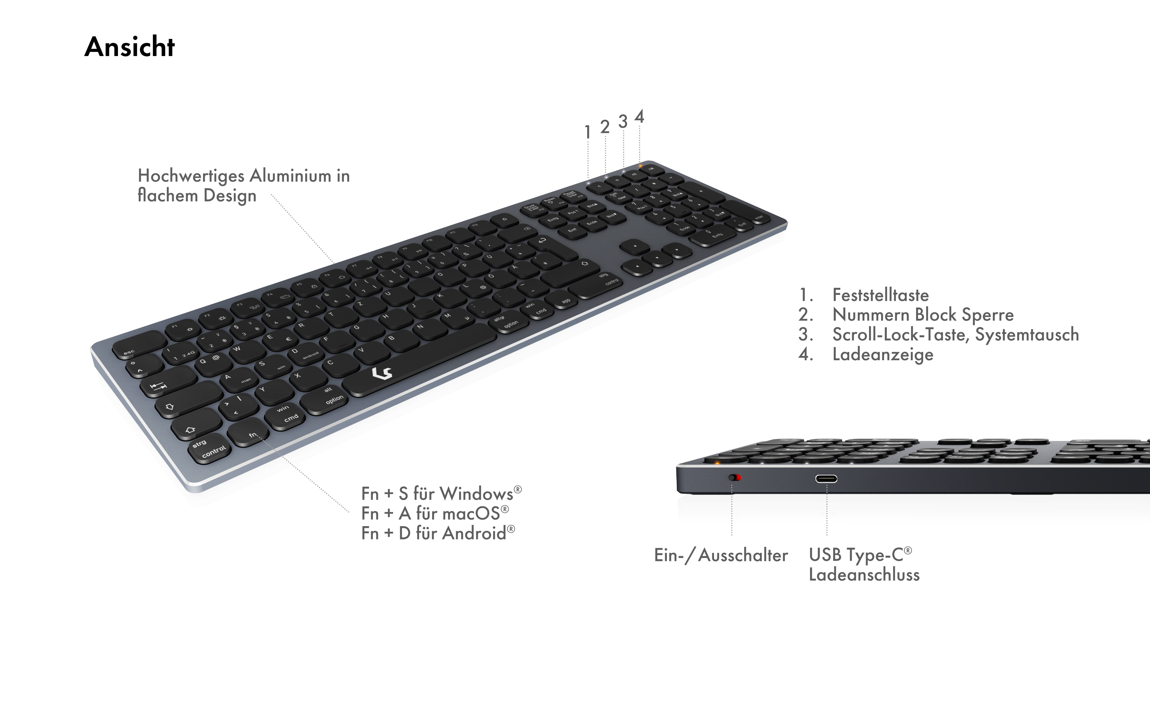 KeySonic KSK-8023BTRF (DE), Full-Size Aluminium Tastatur, Bluetooth® & RF, für Windows® und macOS®, 