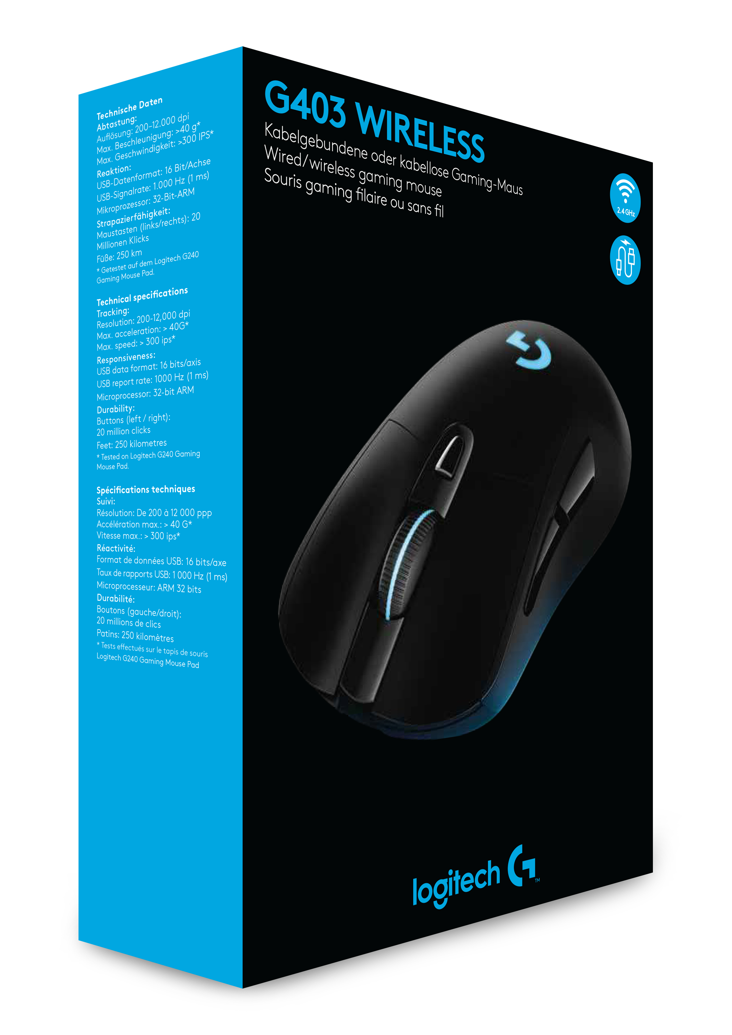 Logitech G G403 Prodigy Wired/Wireless Gaming Mouse, rechts, Optisch, RF Wireless, 12000 DPI, 1 ms,