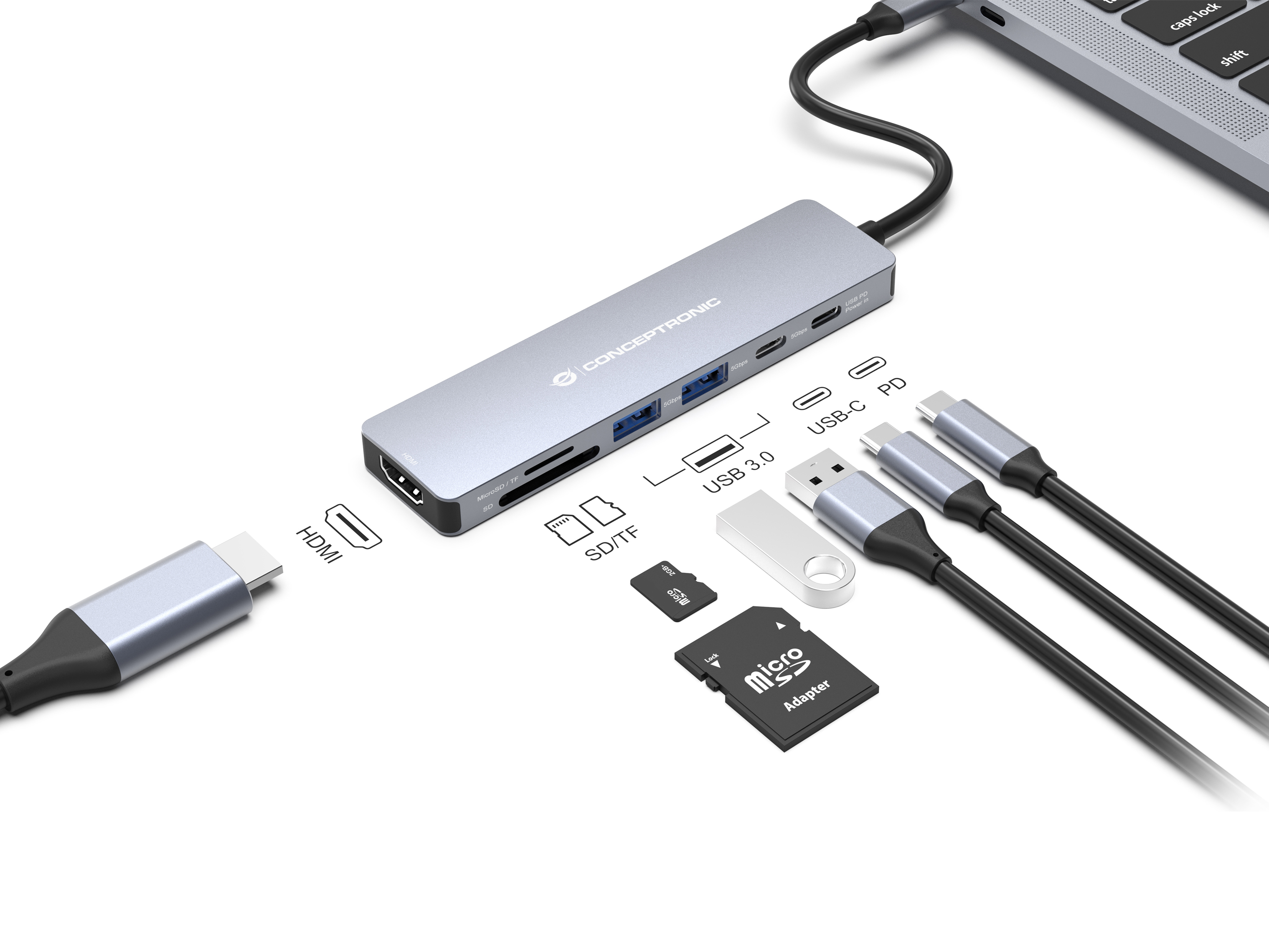 Conceptronic DONN28G 7-in-1 USB 3.2 Gen 1 Dockingstation, 4K60Hz HDMI, USB-A 5Gbps x 2, USB-C 5Gbps,