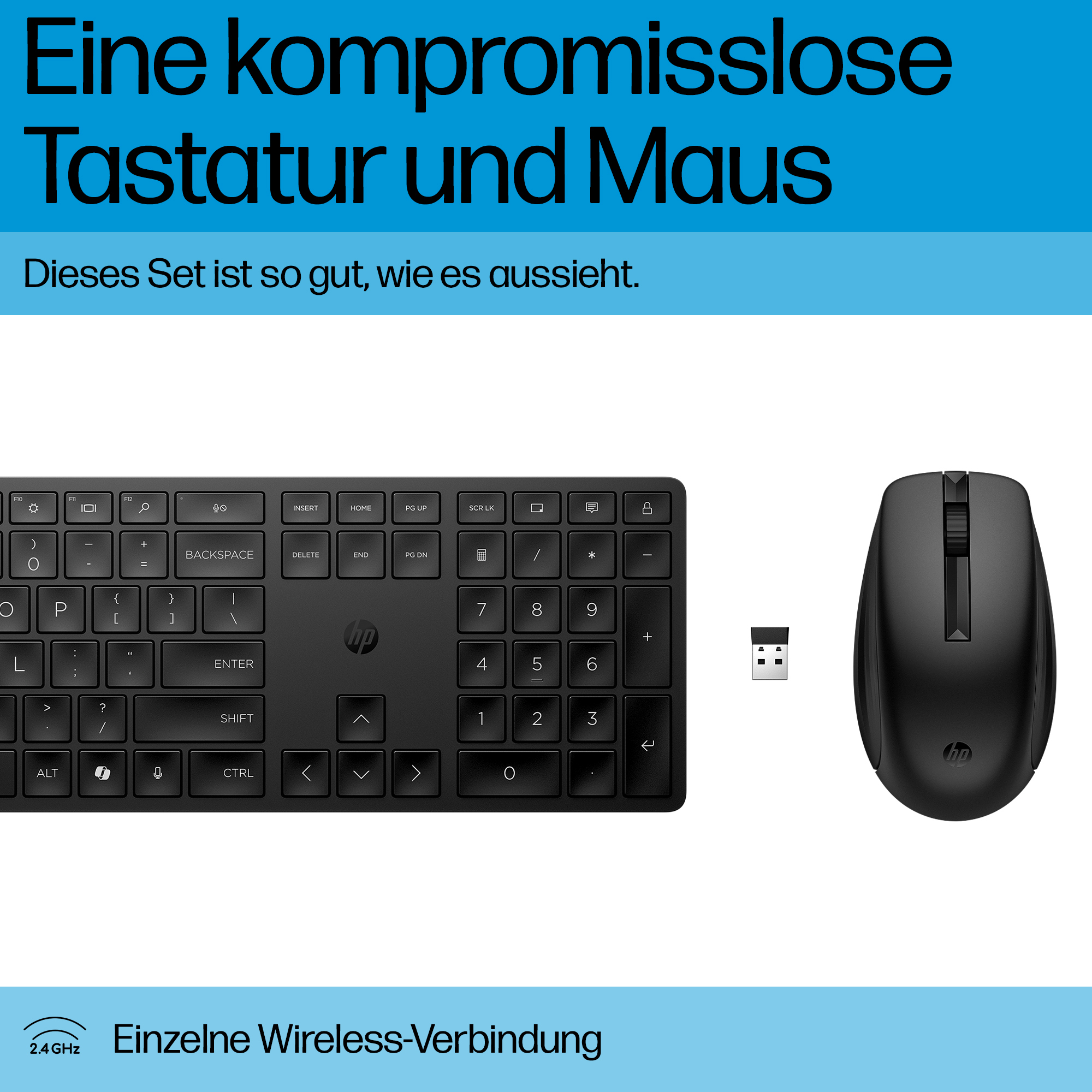 HP 655 Wireless-Tastatur und -Maus, Volle Größe (100%), Kabellos, RF Wireless, Weiß, Maus enthalten