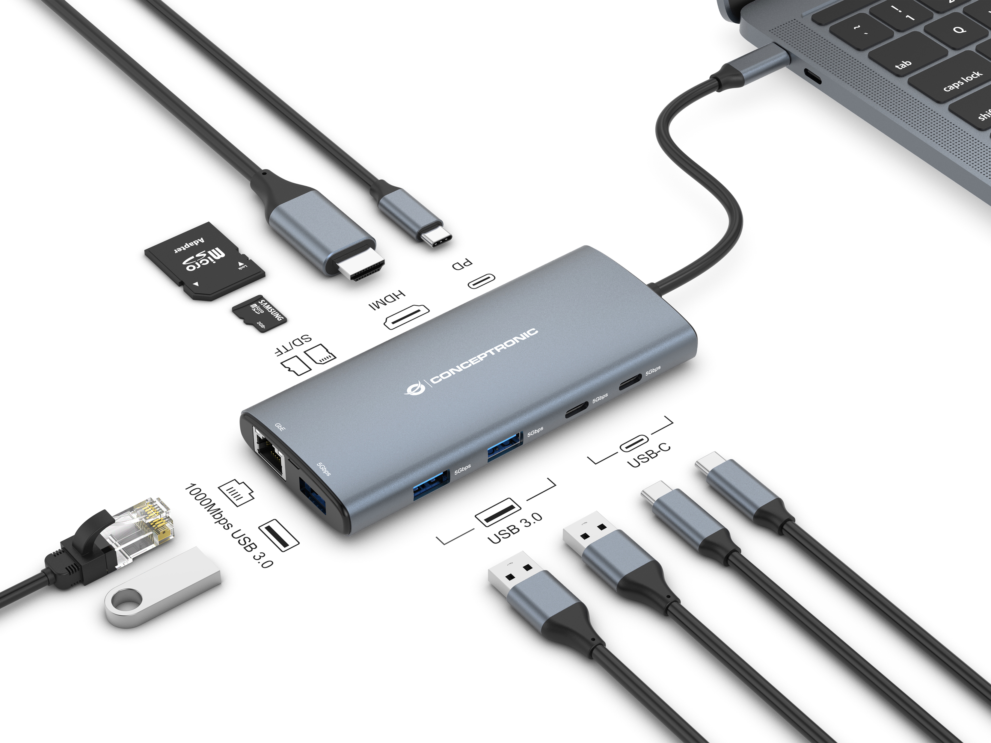 Conceptronic DONN06G 10-in-1 USB 3.2 Gen 1 Dockingstation, HDMI, 100W USB PD, USB-C 5Gbps x 2, USB-A