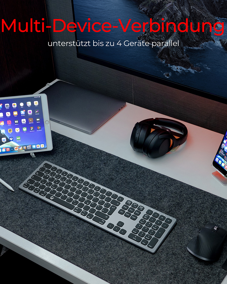 KeySonic KSK-8023BTRF (DE), Full-Size Aluminium Tastatur, Bluetooth® & RF, für Windows® und macOS®, 