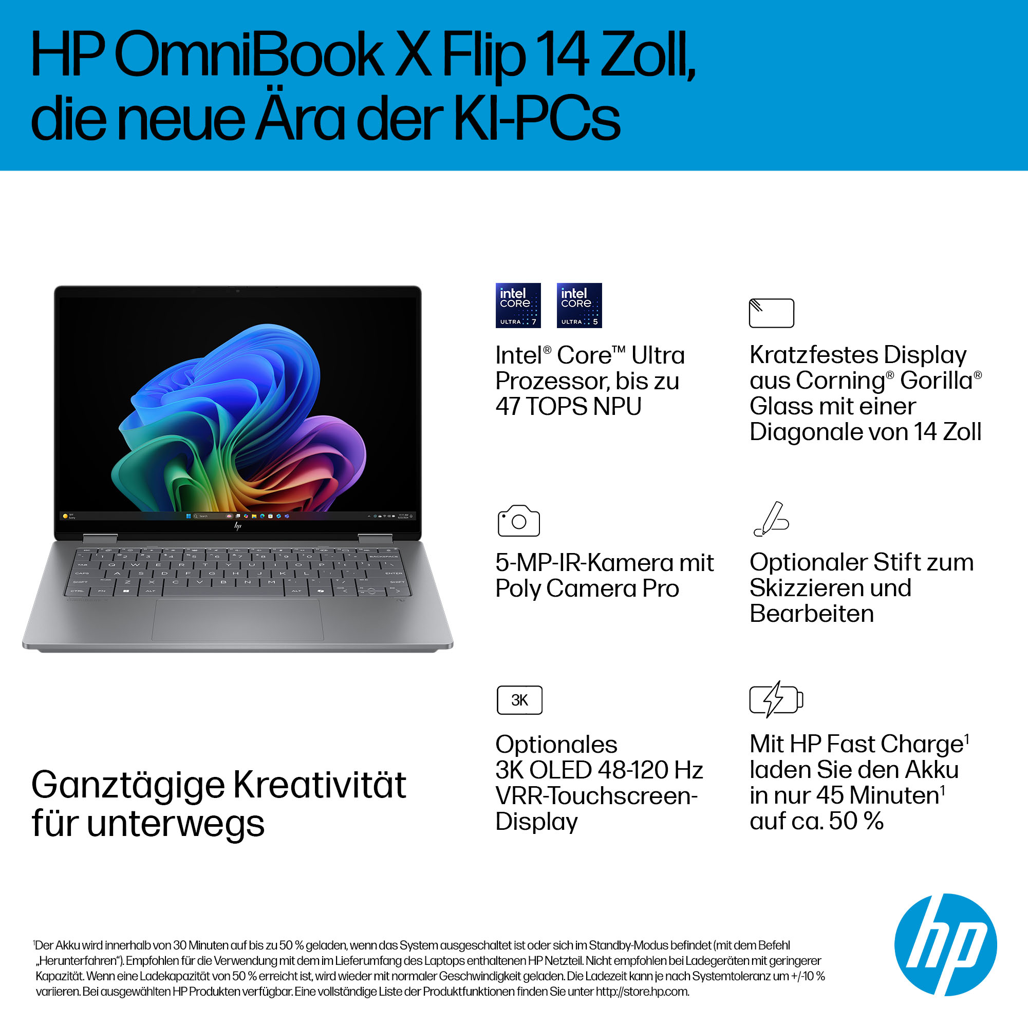 HP OmniBook X Flip Next Gen Laptop 14-fm0077ng - Flip-Design - Intel Core Ultra 7 258V / 2.2 GHz - W