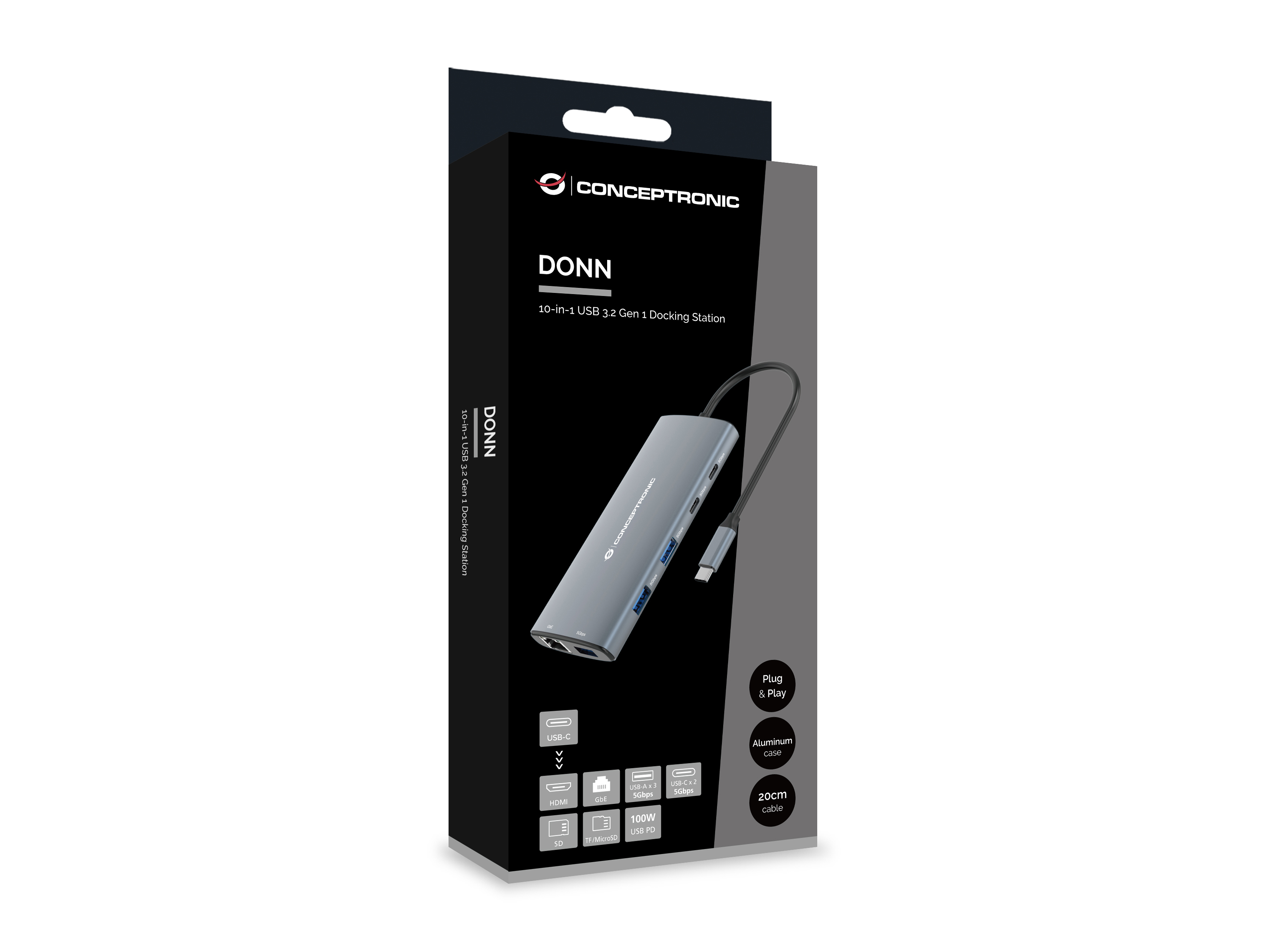 Conceptronic DONN06G 10-in-1 USB 3.2 Gen 1 Dockingstation, HDMI, 100W USB PD, USB-C 5Gbps x 2, USB-A