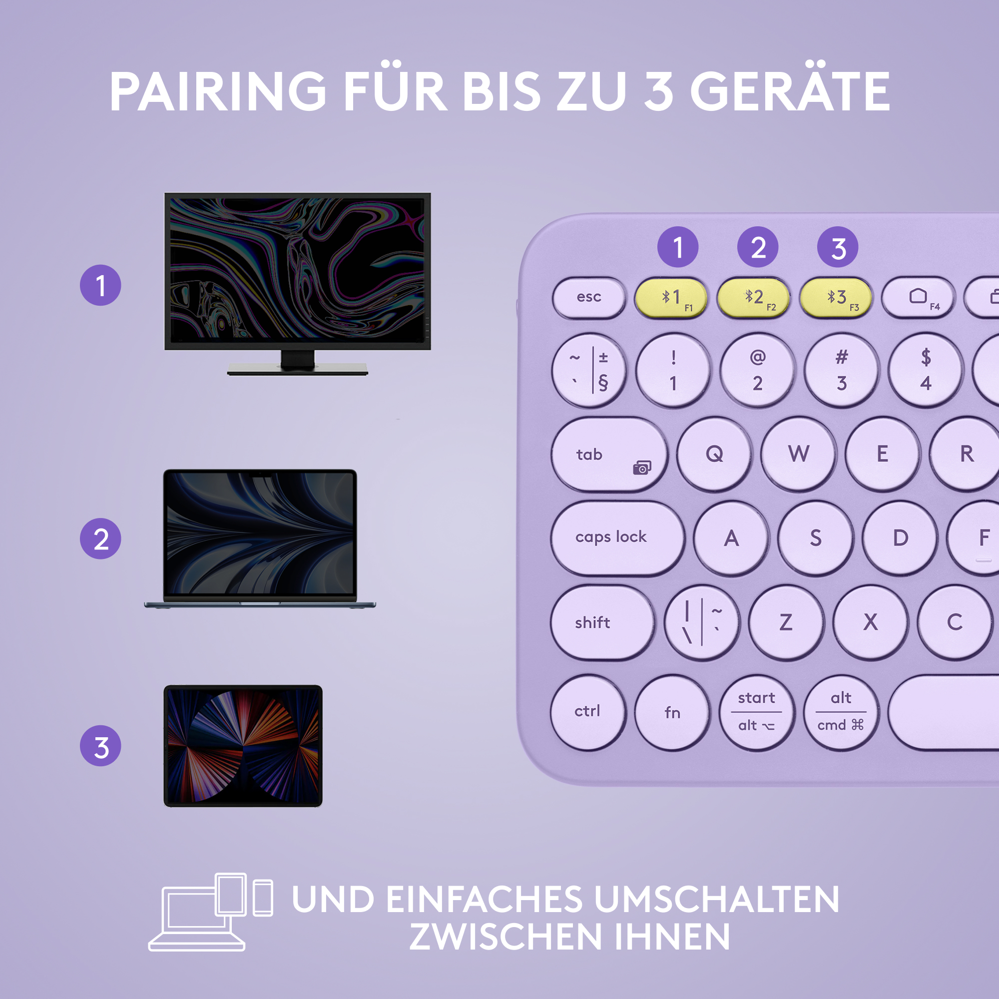 Logitech K380, Mini, Kabellos, Bluetooth, QWERTZ, Lavendel