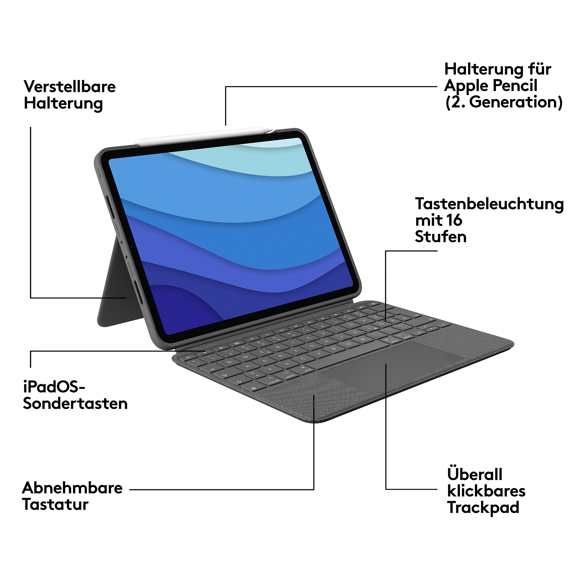 Logitech Combo Touch - Tastatur und Foliohülle - mit Trackpad - hintergrundbeleuchtet - Apple Smart