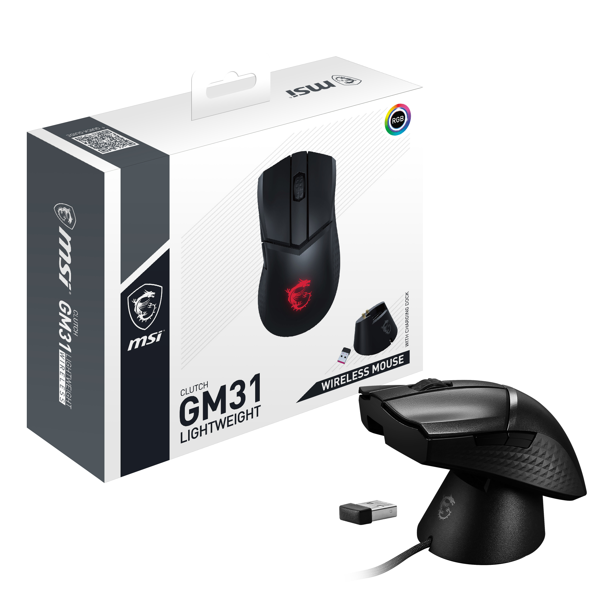 MSI Clutch GM31 - Maus - ergonomisch - optisch - 6 Tasten - kabellos - 2.4 GHz - kabelloser Empfänge
