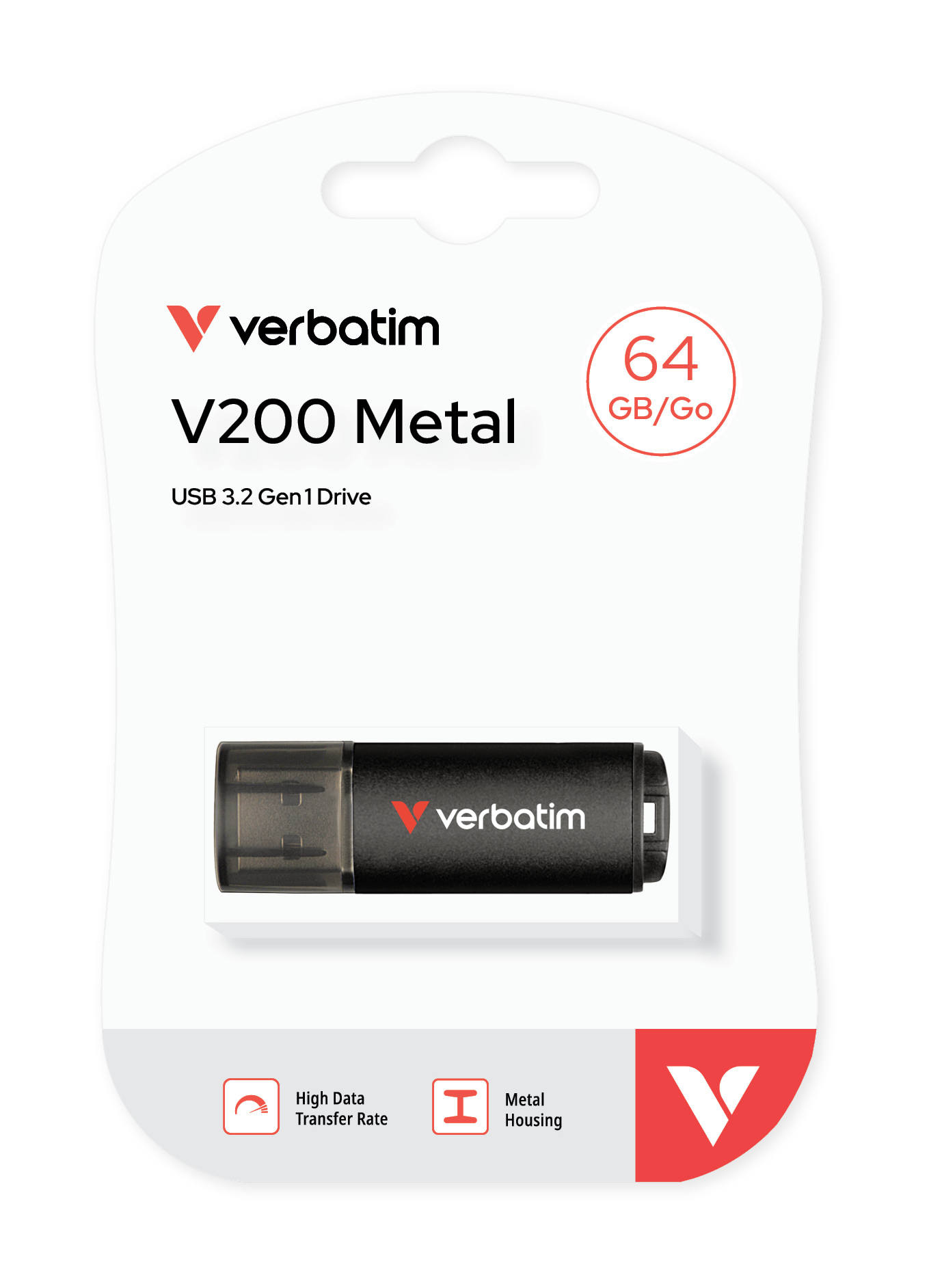 Verbatim V200 Metal USB Drive 64GB, 64 GB, USB Typ-A, 3.2 Gen 1 (3.1 Gen 1), 200 MB/s, Kappe, Schwar