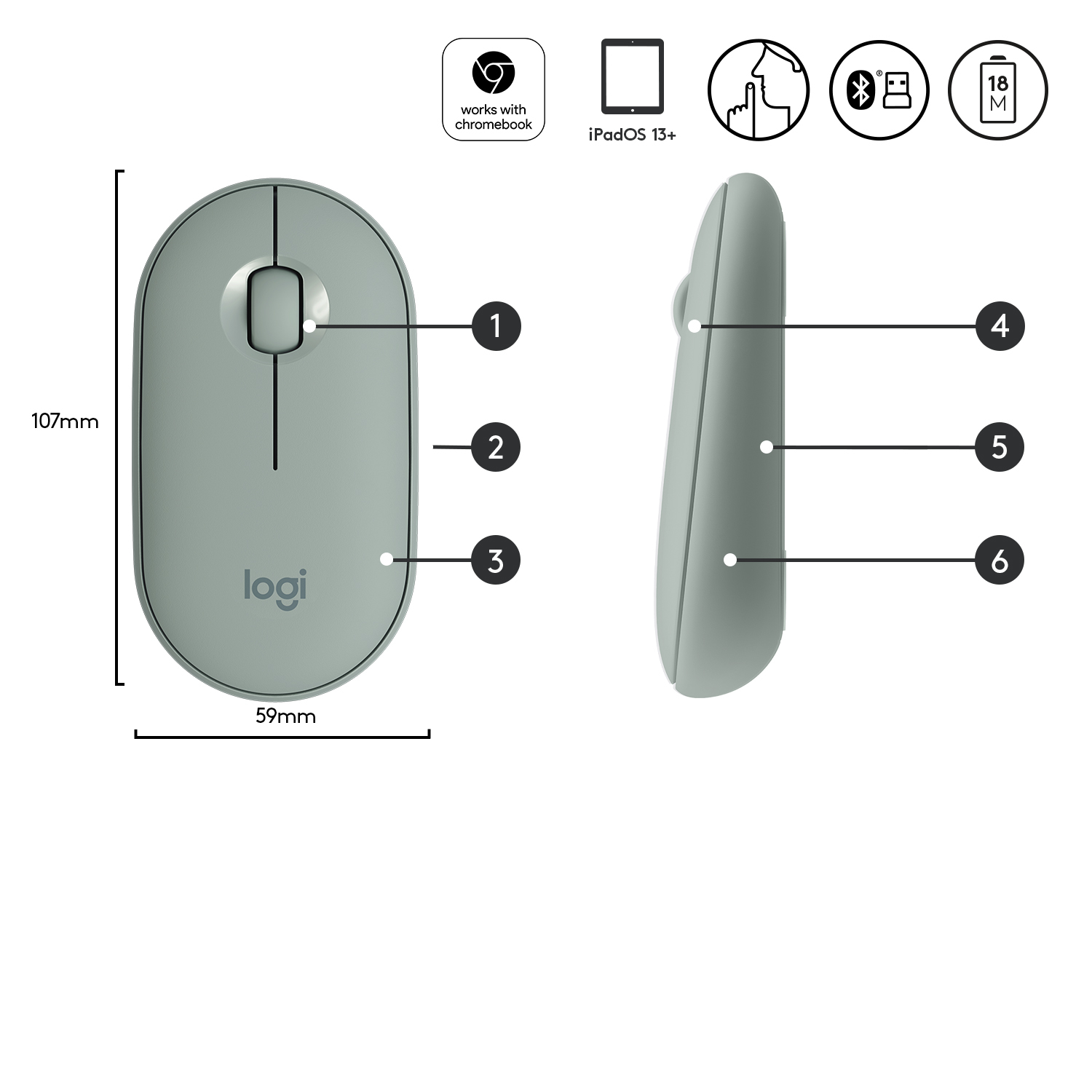 Logitech Pebble M350 - Maus - optisch - 3 Tasten - kabellos - Bluetooth, 2.4 GHz - kabelloser Empfän