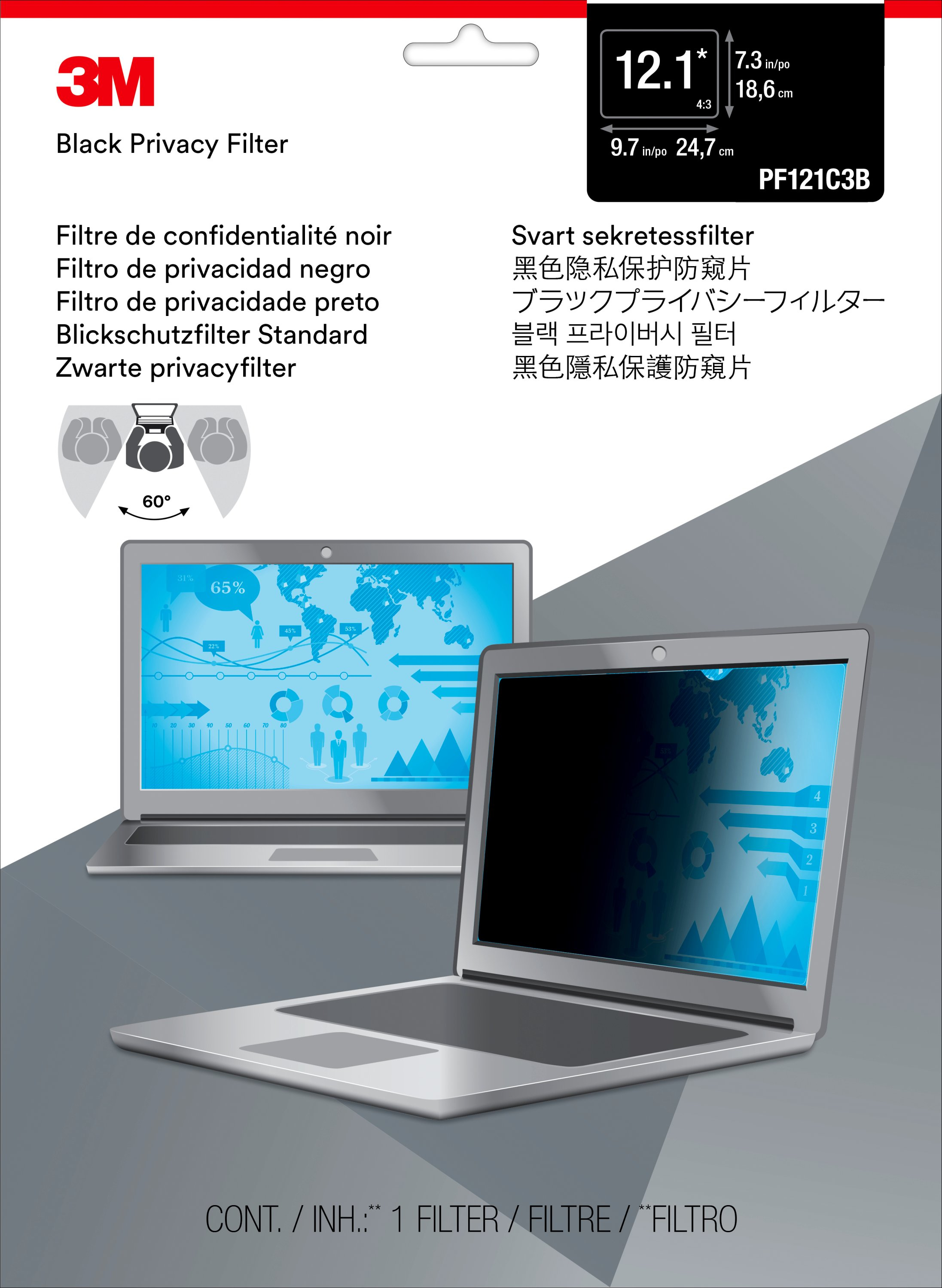 3M Blickschutzfilter für 12,1" Standard-Laptop, 30,7 cm (12.1"), 4:3, Laptop, Rahmenloser Blickschut