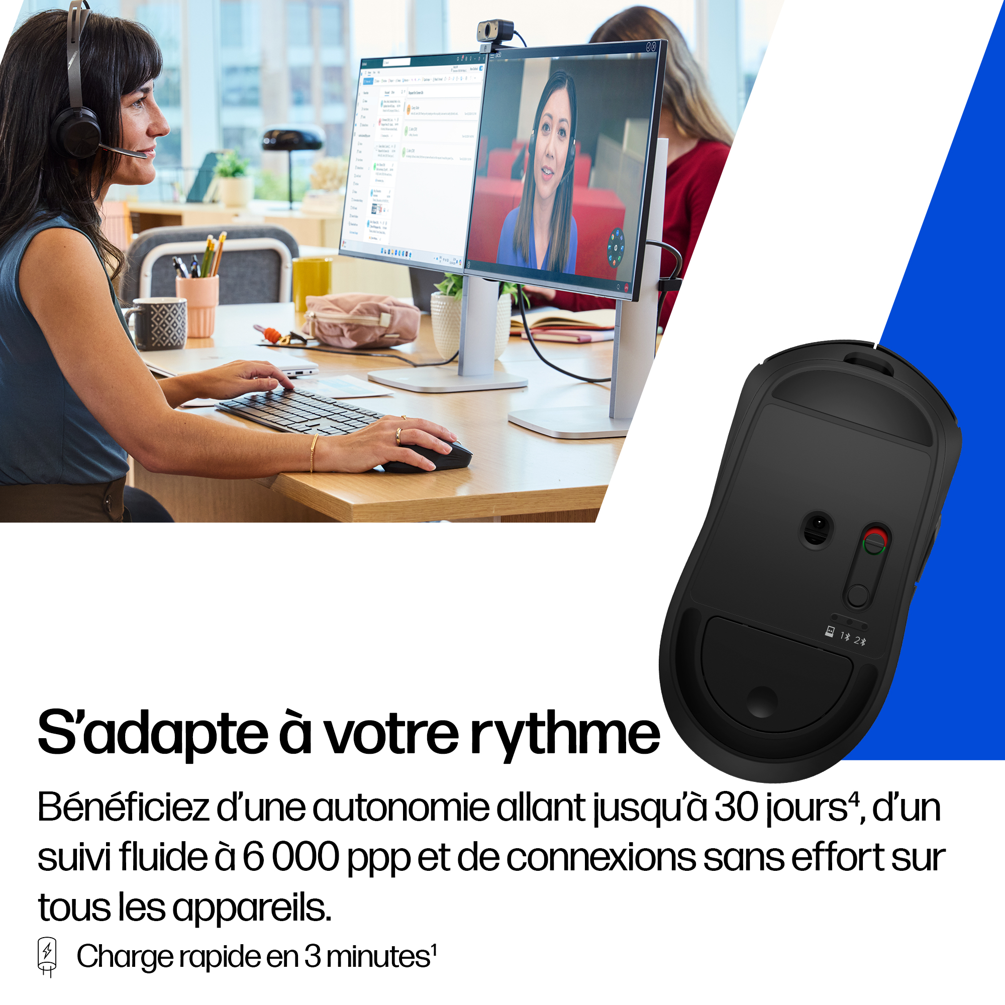 HP 705 Wiederaufladbare Wireless-Maus, Beidhändig, Bluetooth + USB Type-A, 6000 DPI, Schwarz