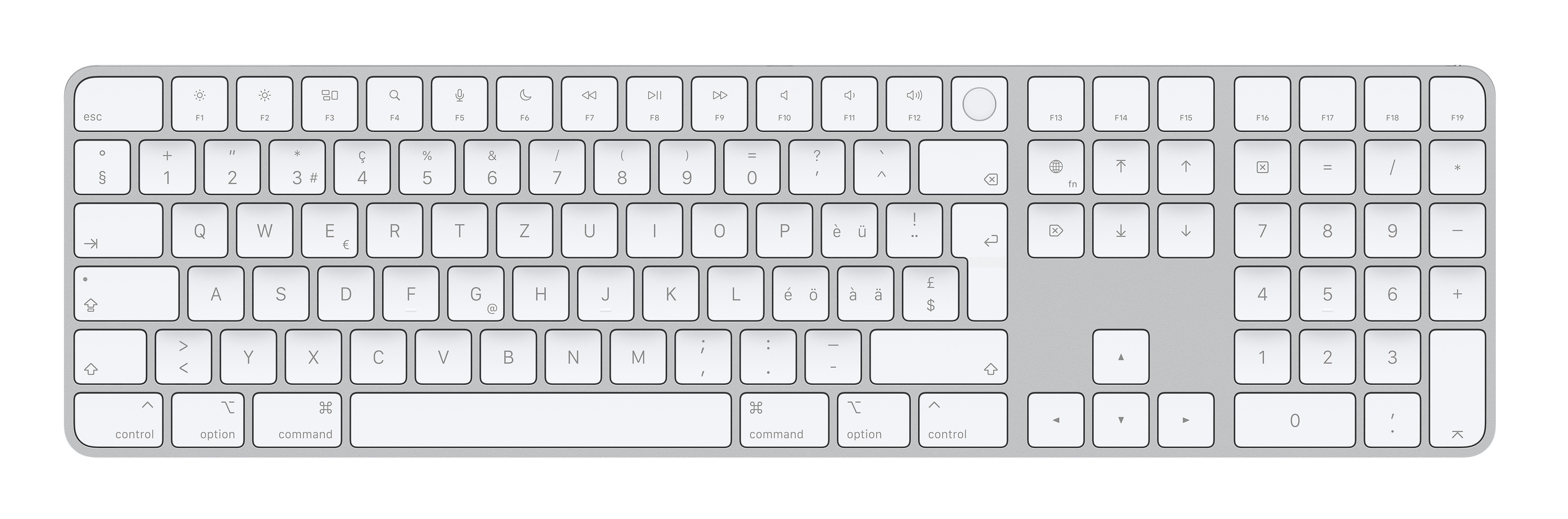 Apple Magic, Volle Größe (100%), Verkabelt & Kabellos, USB + Bluetooth, Aluminium, Weiß