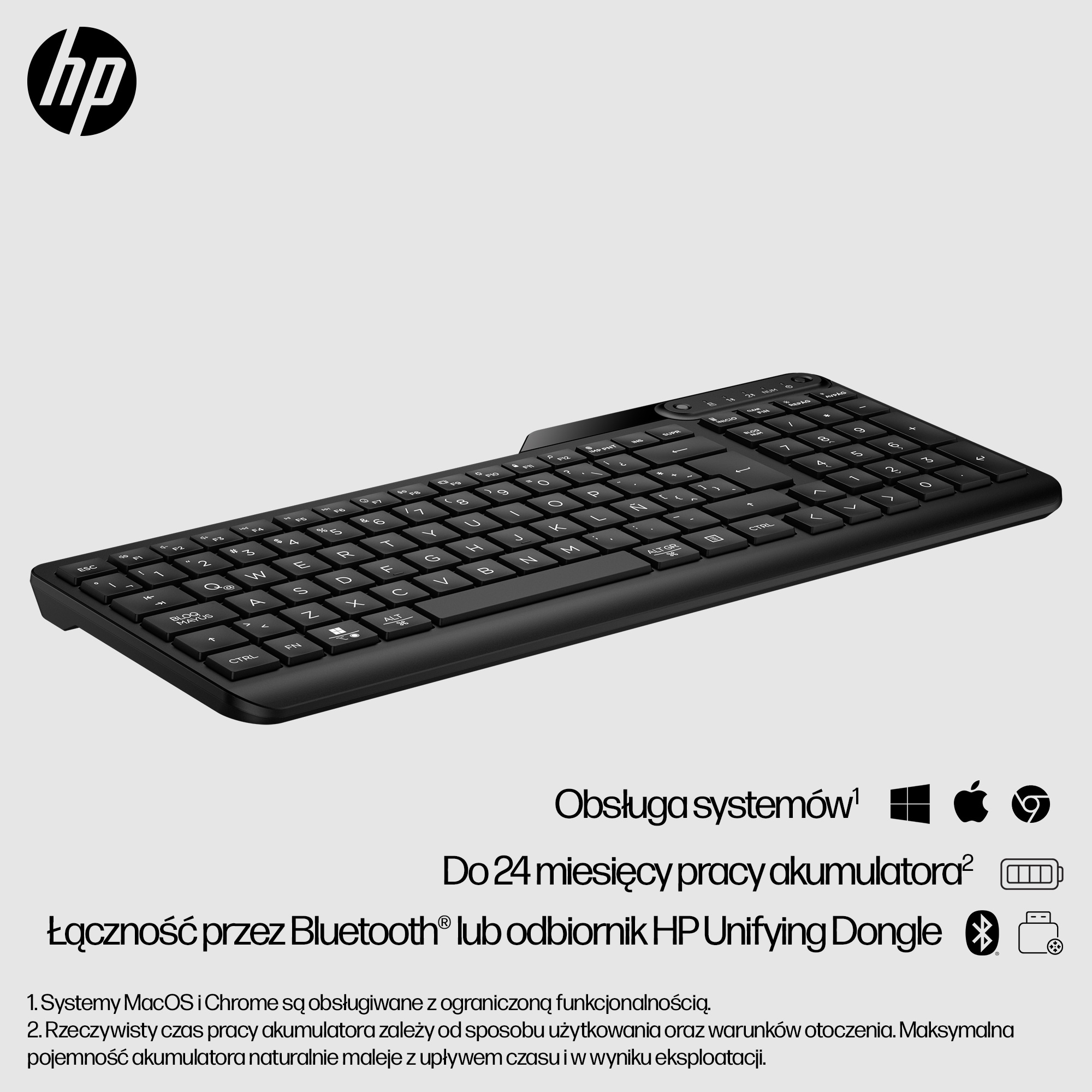 HP 475 - Tastatur - Dual-Mode, Multi-Device, kompakt, 2-Zonen-Layout, geringer Tastenhub, 12 program