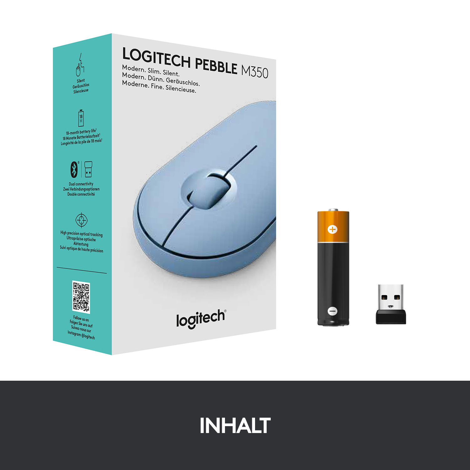 Logitech Pebble M350 - Maus - optisch - 3 Tasten - kabellos - Bluetooth, 2.4 GHz - kabelloser Empfän