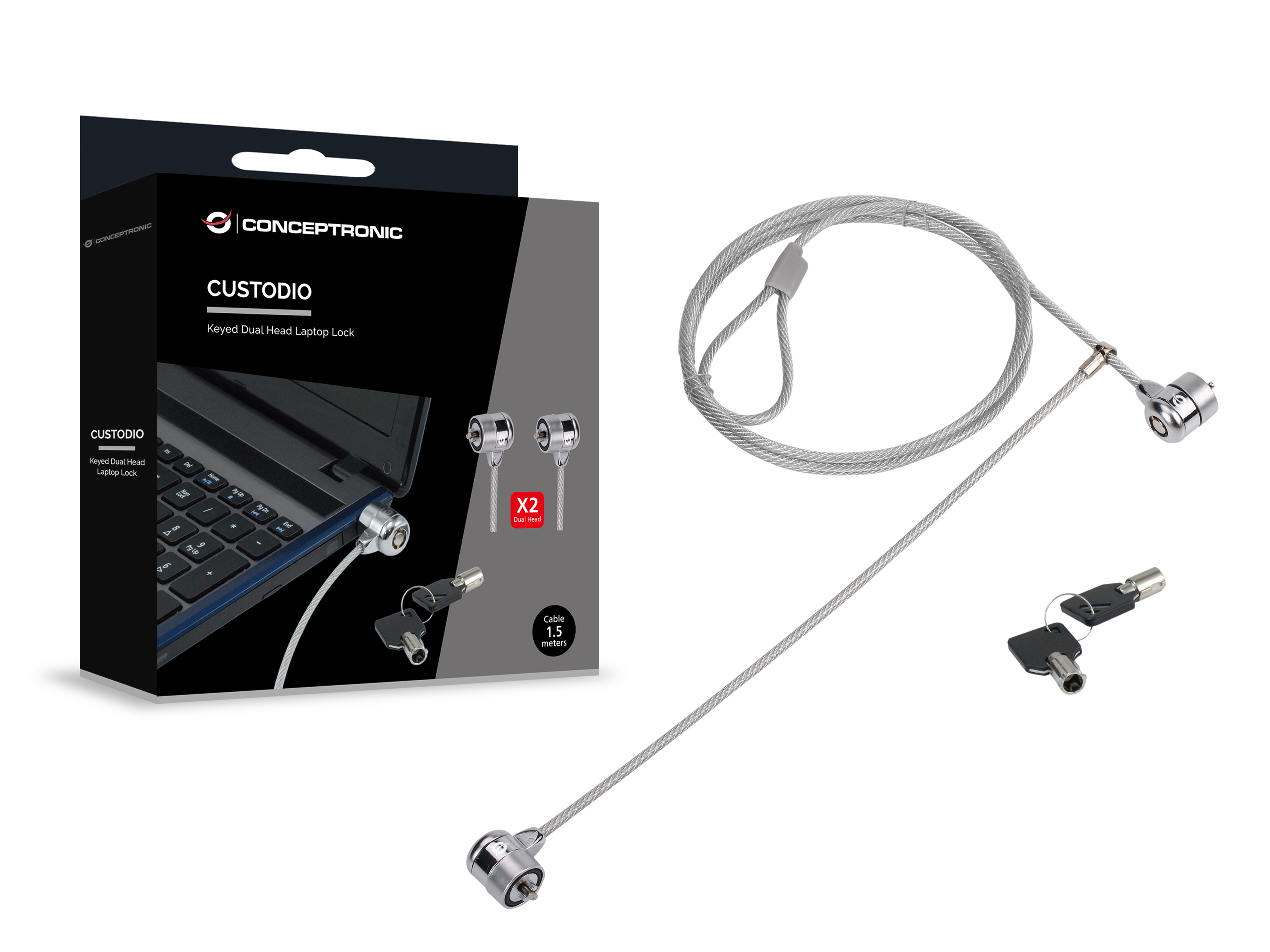 Conceptronic Doppel-Notebook-Schloss, Laptop-Kabelschloss mit 2 Schlössern, 1,5 Meter, 1,5 m, 2 Schl
