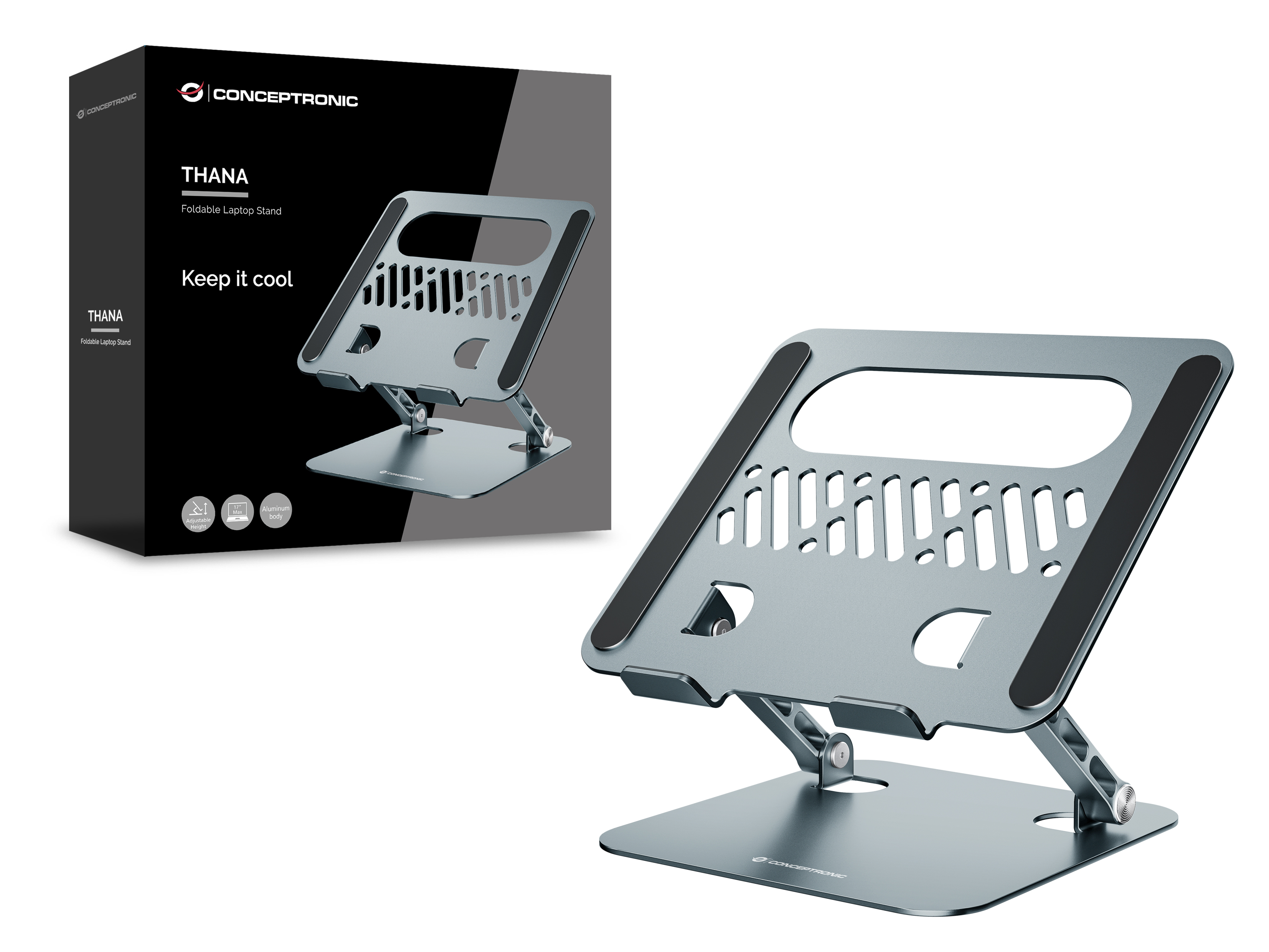 Conceptronic THANA10G Faltbarer Laptopständer, höhenverstellbar, Laptop-Ständer, Grau, Aluminium, 43