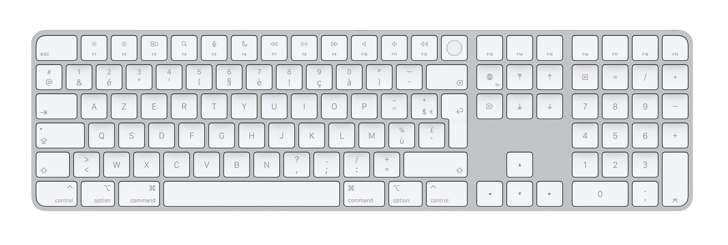 Apple Magic, Volle Größe (100%), Verkabelt & Kabellos, USB + Bluetooth, AZERTY, Aluminium, Weiß