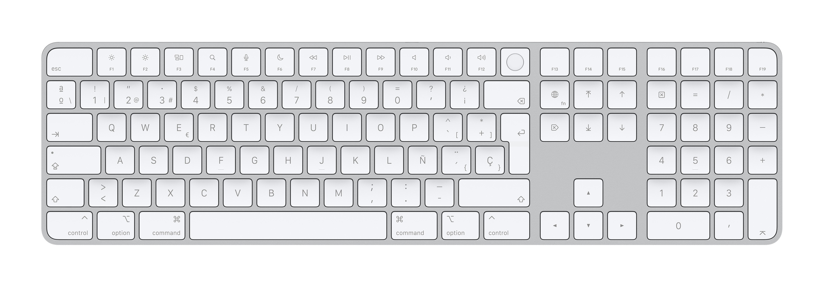 Apple Magic, Volle Größe (100%), Verkabelt & Kabellos, USB + Bluetooth, Aluminium, Weiß