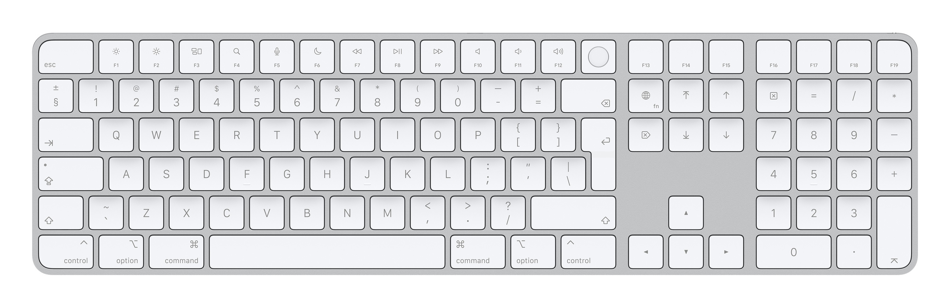 Apple Magic, Volle Größe (100%), Verkabelt & Kabellos, USB + Bluetooth, Aluminium, Weiß