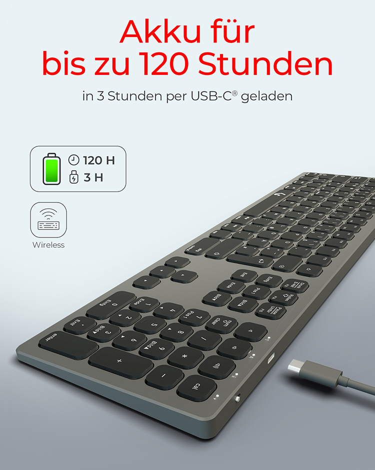 KeySonic KSK-8023BTRF (DE), Full-Size Aluminium Tastatur, Bluetooth® & RF, für Windows® und macOS®, 