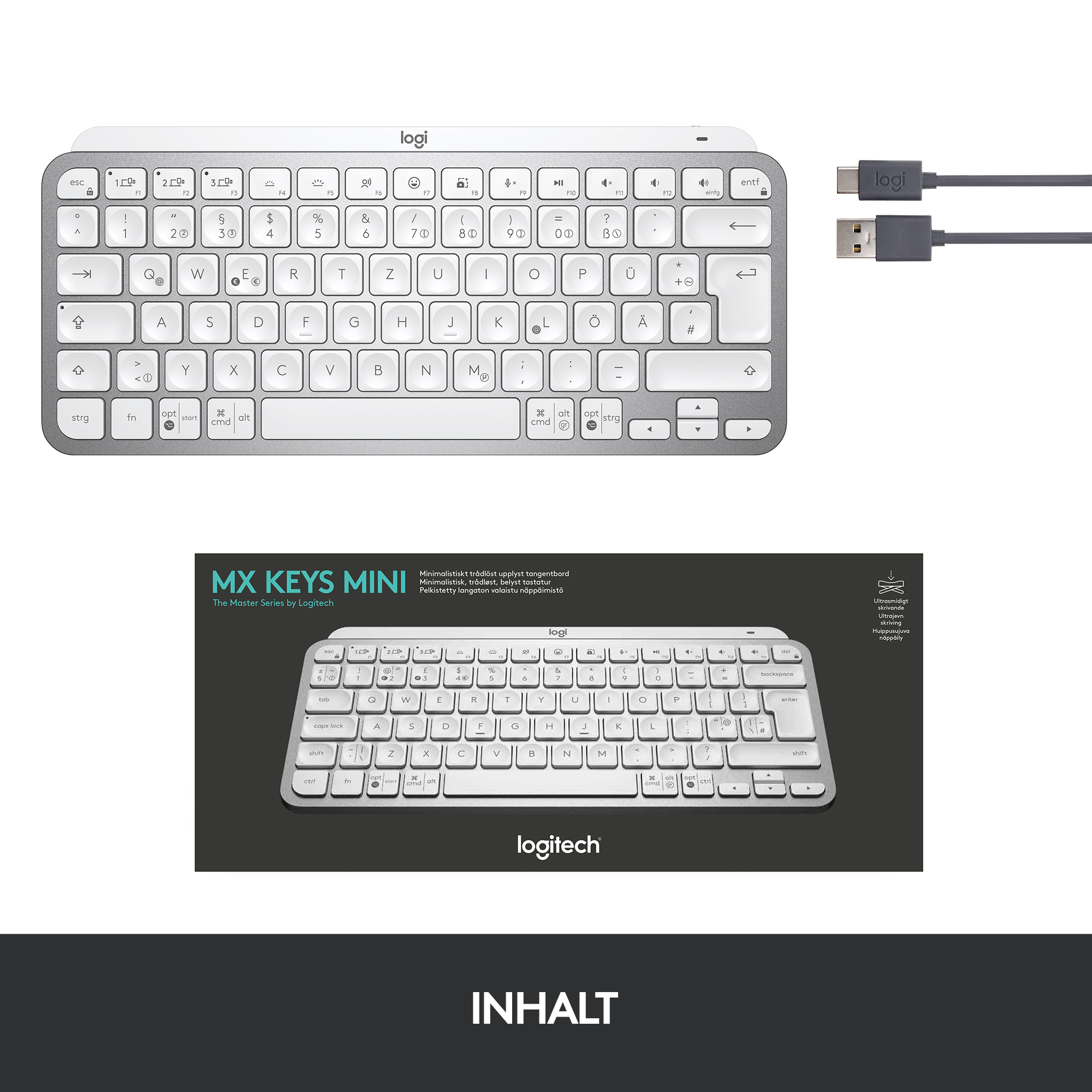 Logitech MX Keys Mini Pale Gray, weiß/grau, LEDs weiß, Logi Bolt, USB/Bluetooth, DE