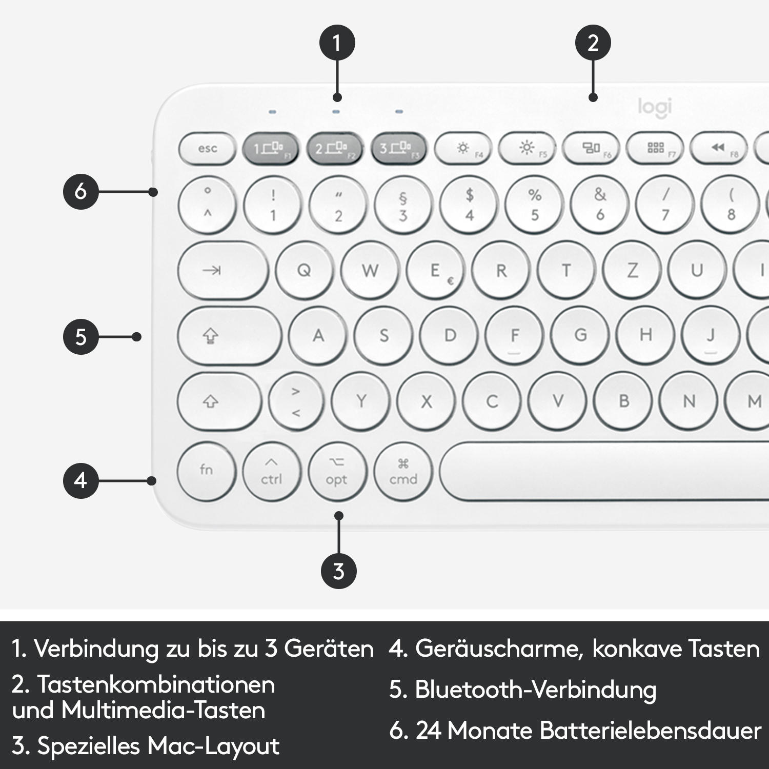 Logitech K380 for Mac Multi-Device Bluetooth Keyboard, Mini, Kabellos, Bluetooth, QWERTZ, Weiß