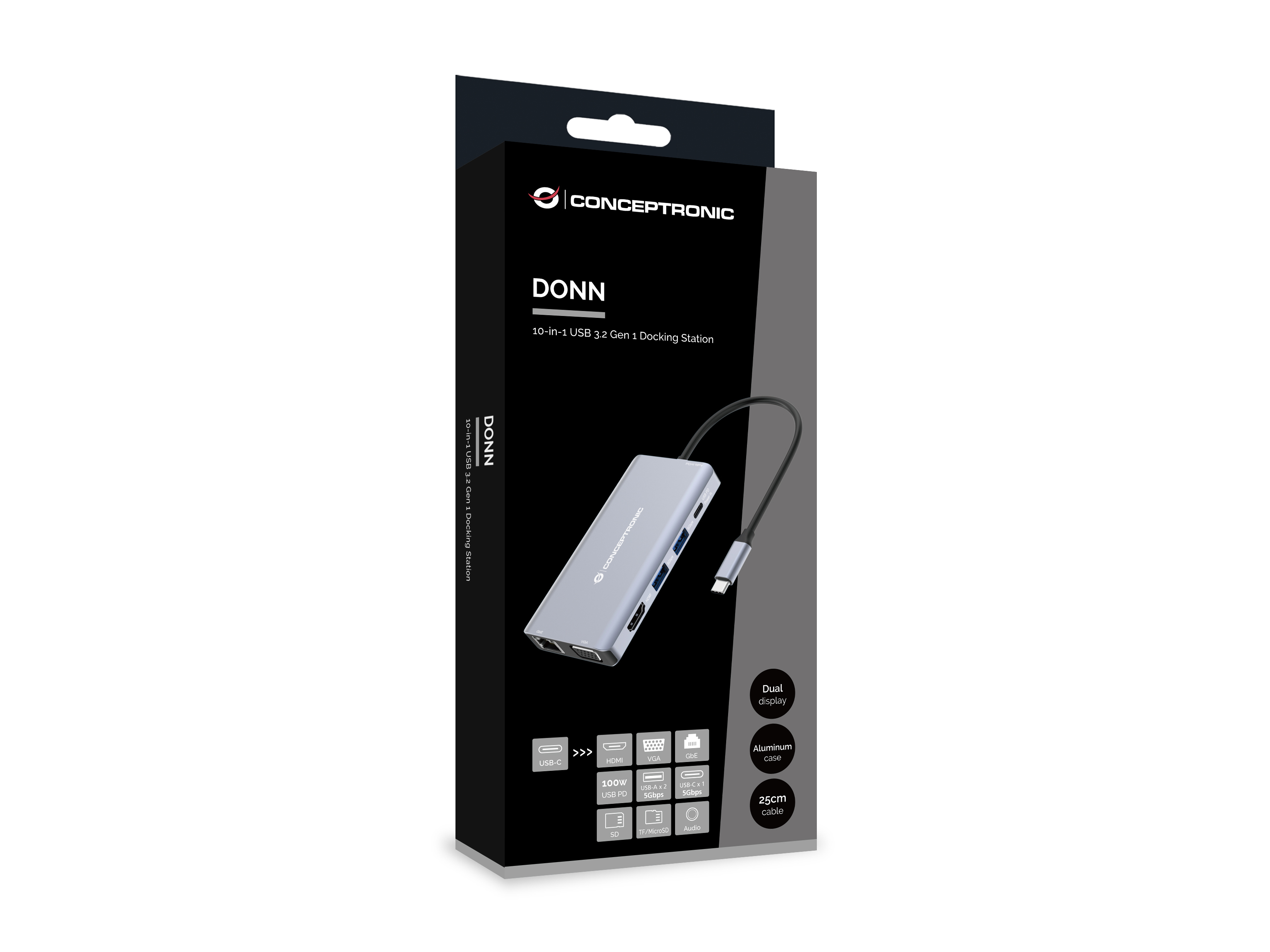 Conceptronic DONN20G 10-in-1 USB 3.2 Gen 1 Dockingstation, HDMI, VGA, USB-A 5Gbps, USB-C 5Gbps, SD, 