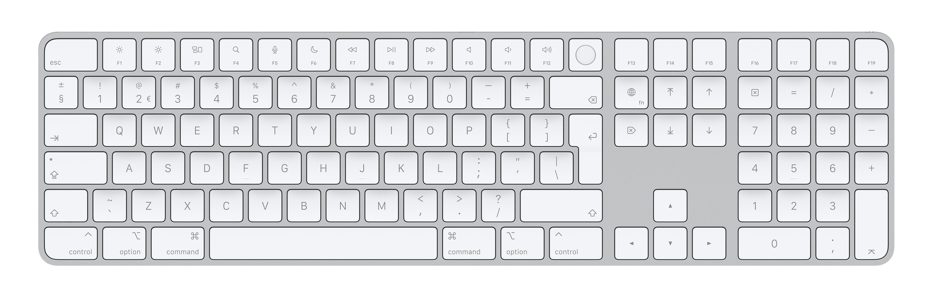 Apple Magic, Volle Größe (100%), Verkabelt & Kabellos, USB + Bluetooth, Aluminium, Weiß