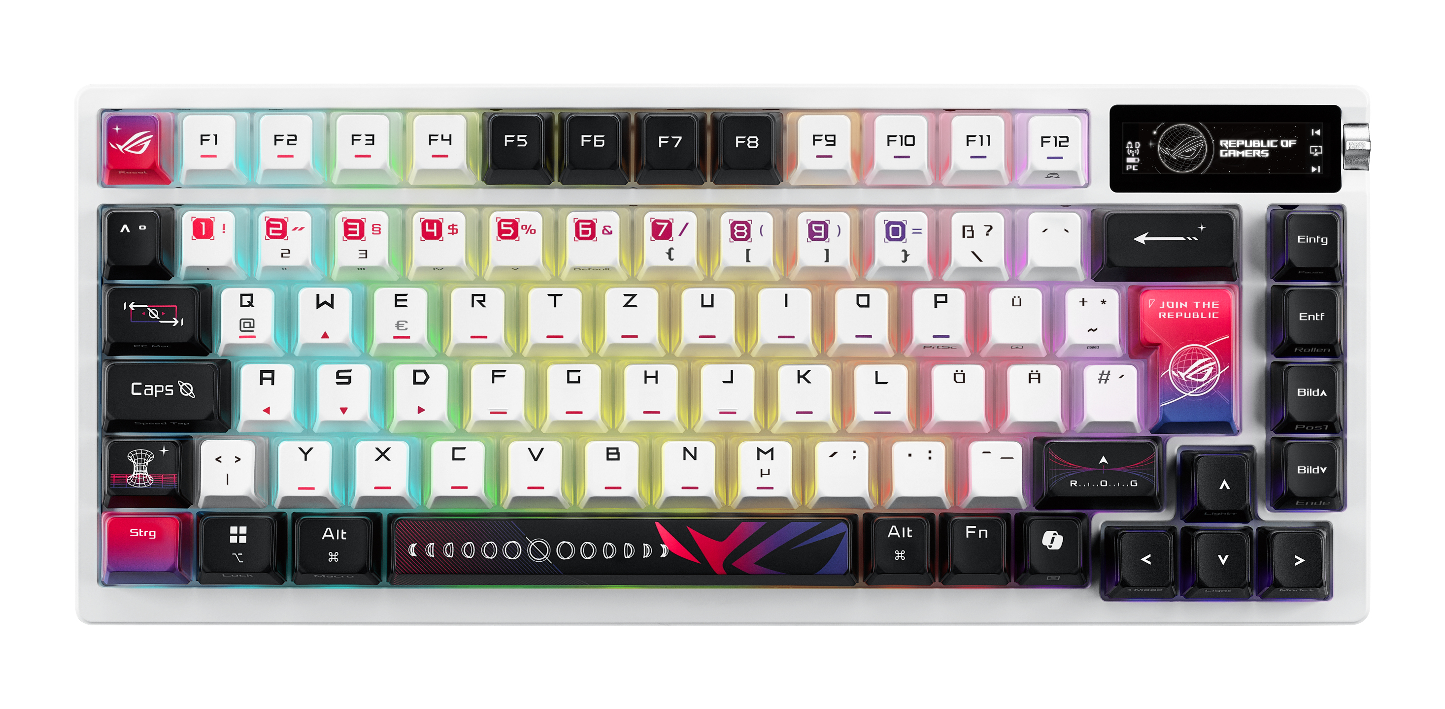 ASUS ROG Azoth X, Verkabelt & Kabellos, USB + RF Wireless + Bluetooth, Mechanischer Switch, QWERTZ,