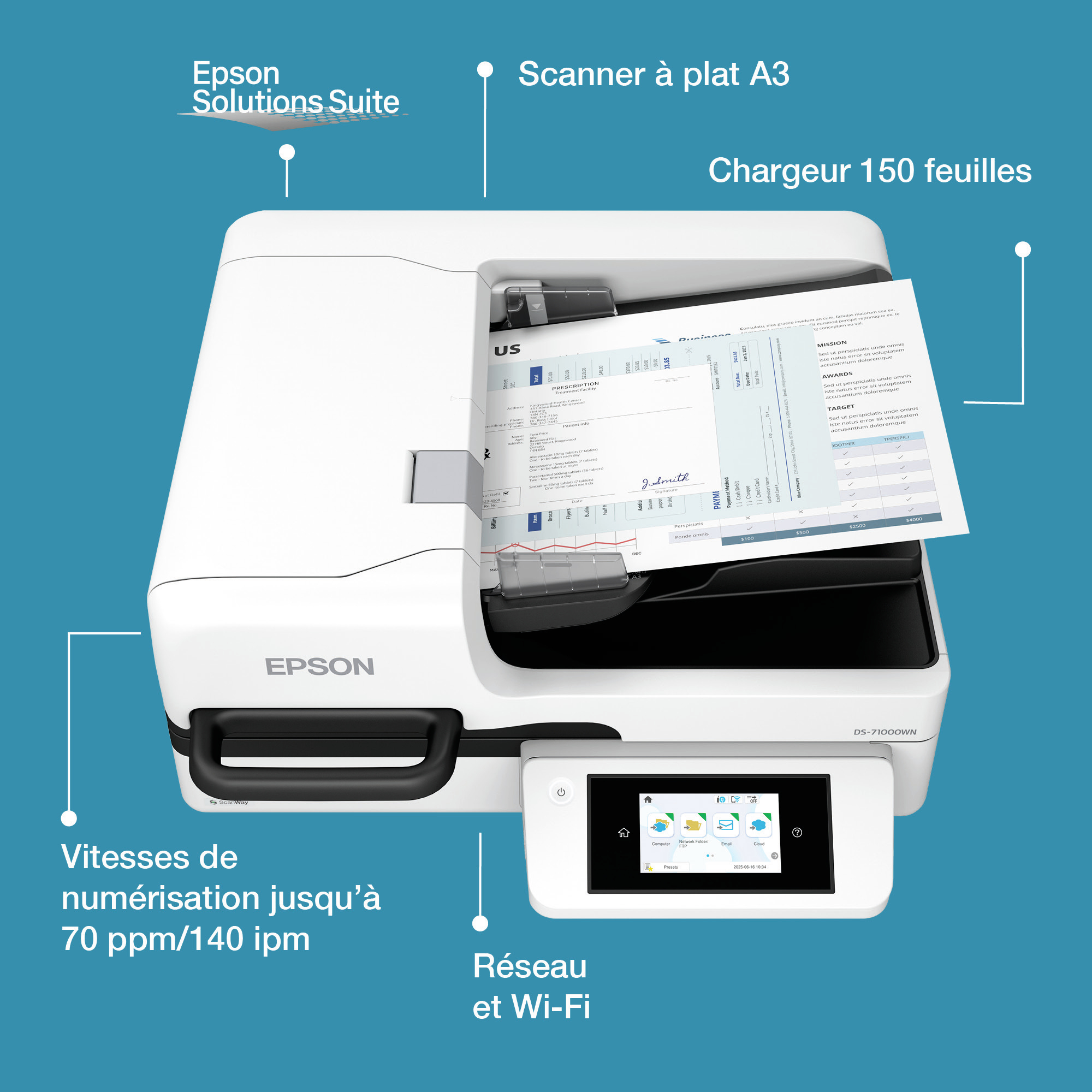 Epson WorkForce DS-71000WN - Dokumentenscanner - Duplex - A3 - 600 dpi x 600 dpi - bis zu 70 Seiten/