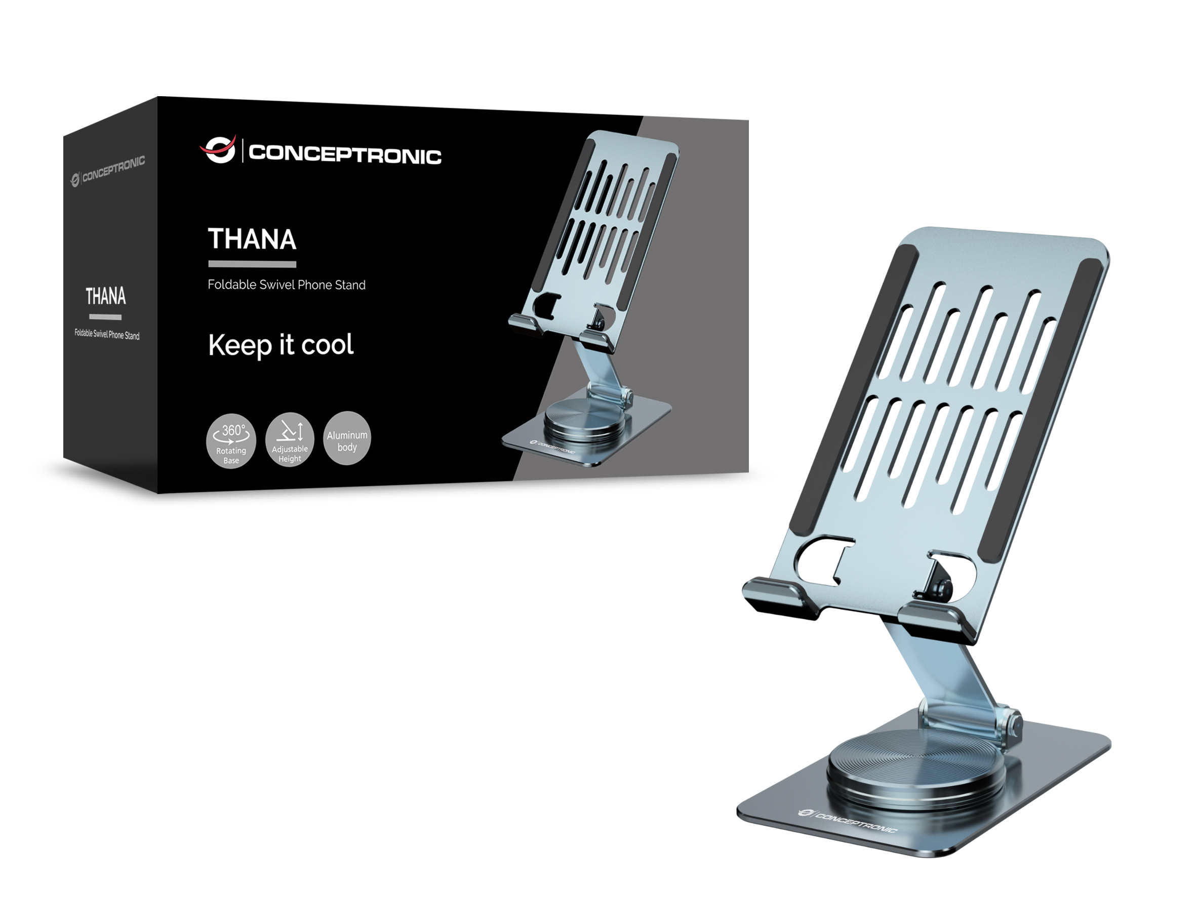 Conceptronic THANA08G Faltbarer und drehbarer Handyhalter, 360° drehbare Basis, höhenverstellbar, Ha