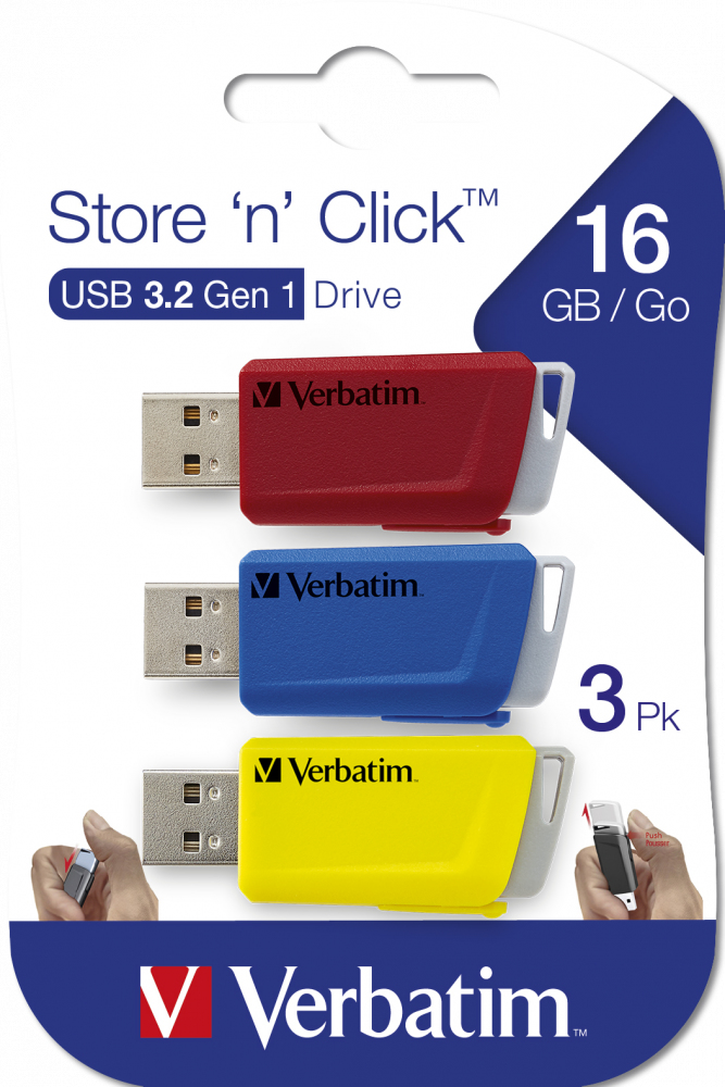 Verbatim Store 'n' Click - USB-Flash-Laufwerk - 16 GB - USB 3.2 Gen 1 - Blau, Gelb, Rot (Packung mit
