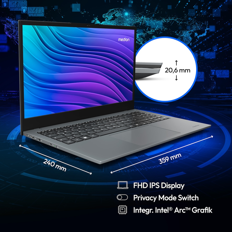 Medion E15443, Intel Core Ultra 7, 39,6 cm (15.6"), 1920 x 1080 Pixel, 16 GB, 1 TB, Windows 11 Home