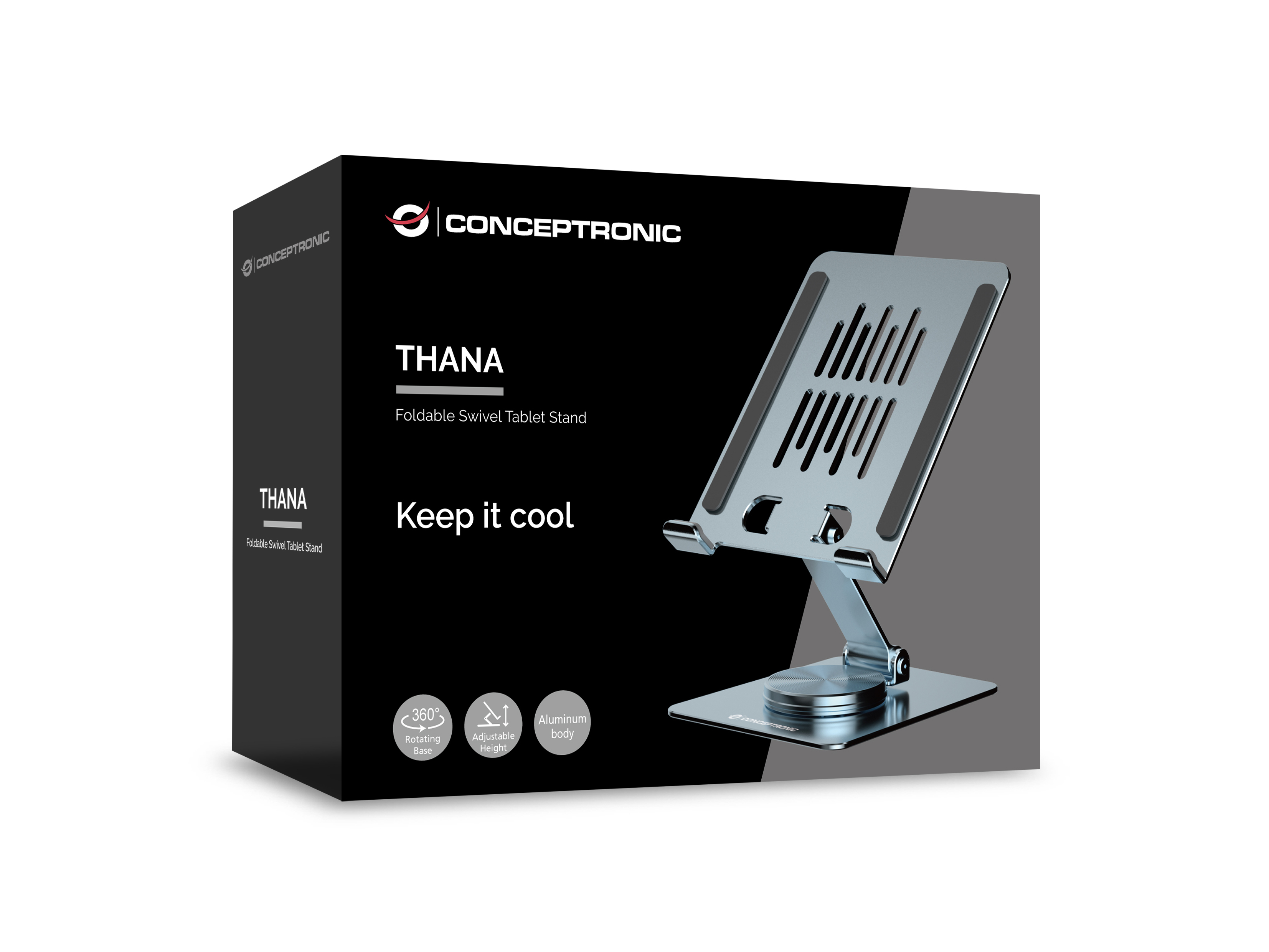 Conceptronic THANA09G Faltbarer und drehbarer Tabletständer, 360° drehbare Basis, höhenverstellbar, 