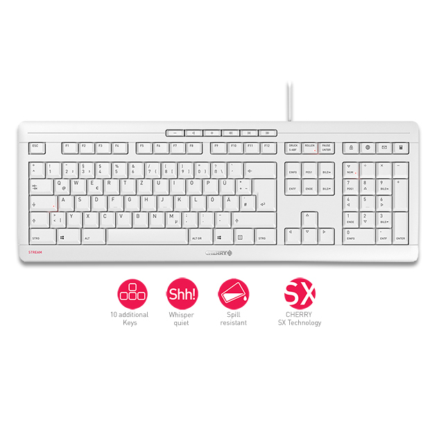 Cherry STREAM KEYBOARD, Volle Größe (100%), Kabelgebunden, USB, Mechanischer Switch, QWERTZ, Grau