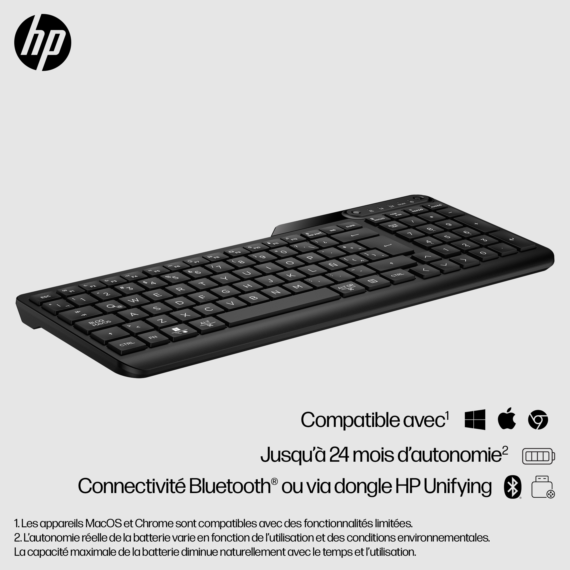 HP 475 - Tastatur - Dual-Mode, Multi-Device, kompakt, 2-Zonen-Layout, geringer Tastenhub, 12 program