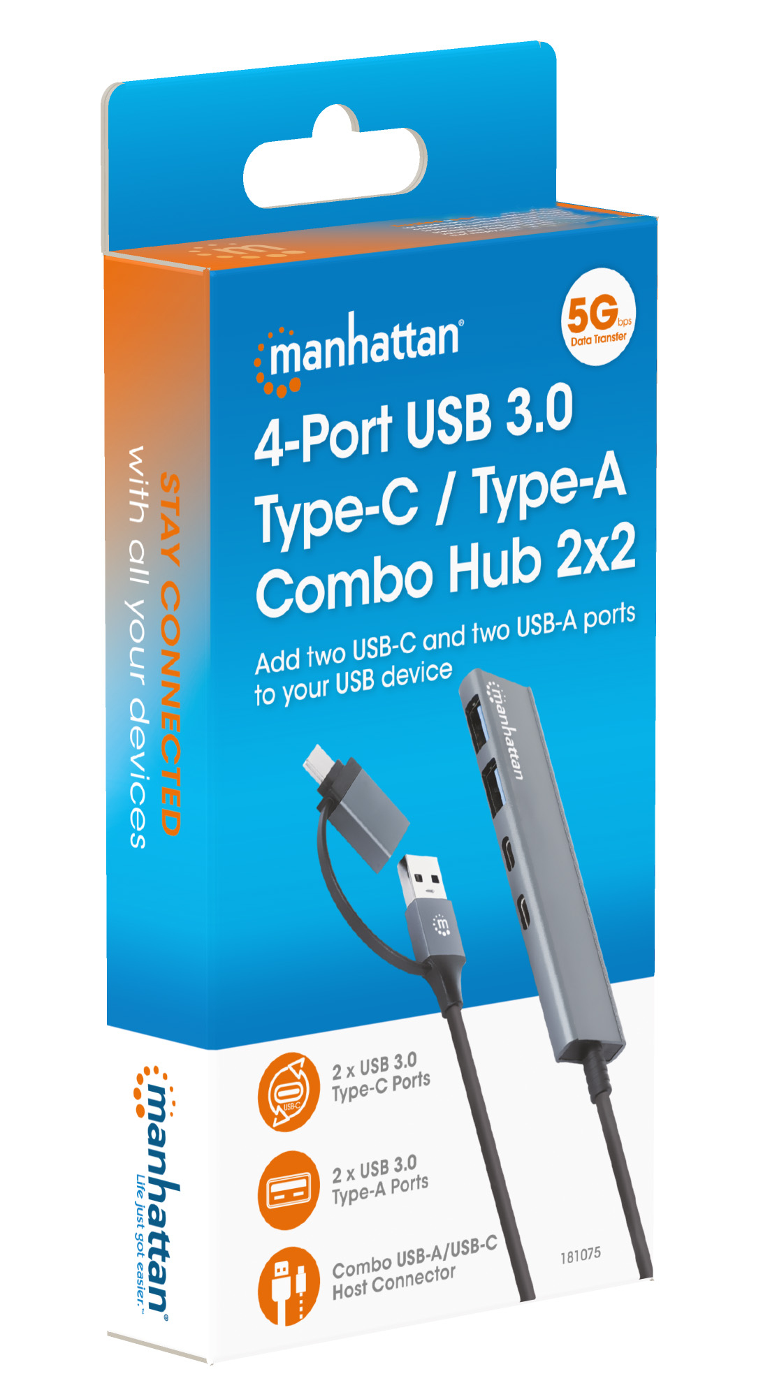 Manhattan 181075, USB 3.2 Gen 1 (3.1 Gen 1) Type-A + Type-C, USB 3.2 Gen 1 (3.1 Gen 1) Type-A, USB 3