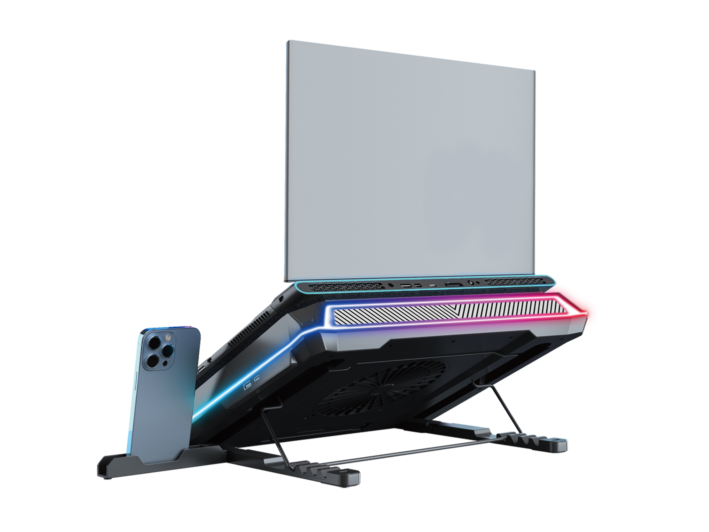 Conceptronic THYIA04B Gaming Laptop-Kühlpad mit RGB, versiegeltem Schaumdesign und Smartphone-Halter