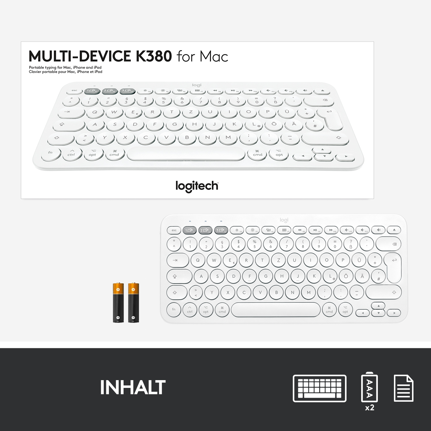 Logitech K380 for Mac Multi-Device Bluetooth Keyboard, Mini, Kabellos, Bluetooth, QWERTZ, Weiß