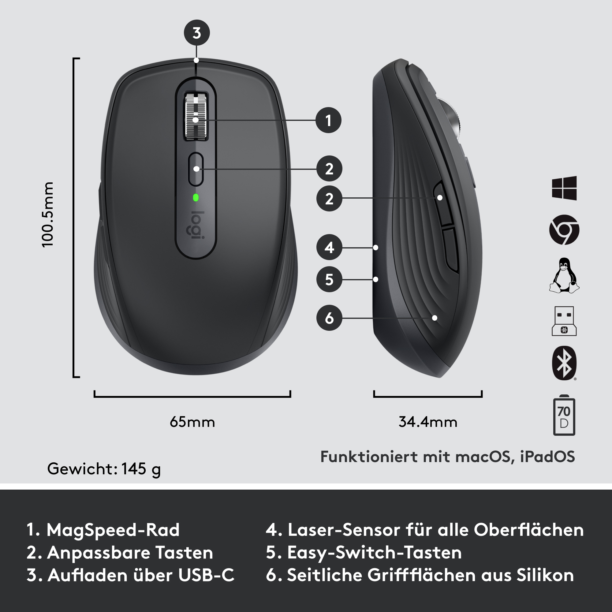 Logitech MX Anywhere 3 for Business, rechts, Laser, RF Wireless + Bluetooth, 4000 DPI, Graphit