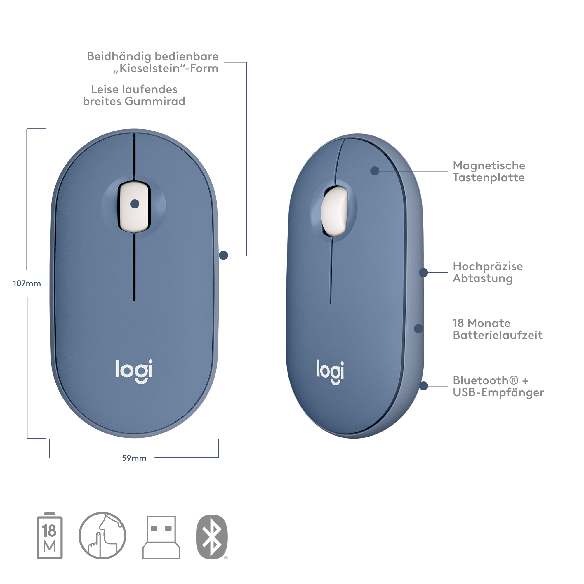Logitech Pebble M350 - Maus - optisch - 3 Tasten - kabellos - 2.4 GHz, Bluetooth - kabelloser Empfän